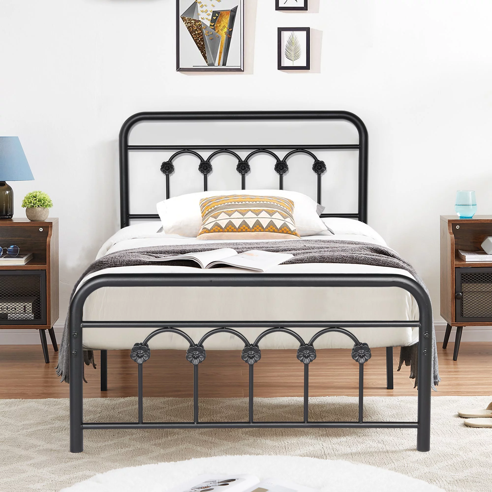 VECELO 3 Piece Bedroom Set with Twin Metal Bed Frame and 2 White Nightstands