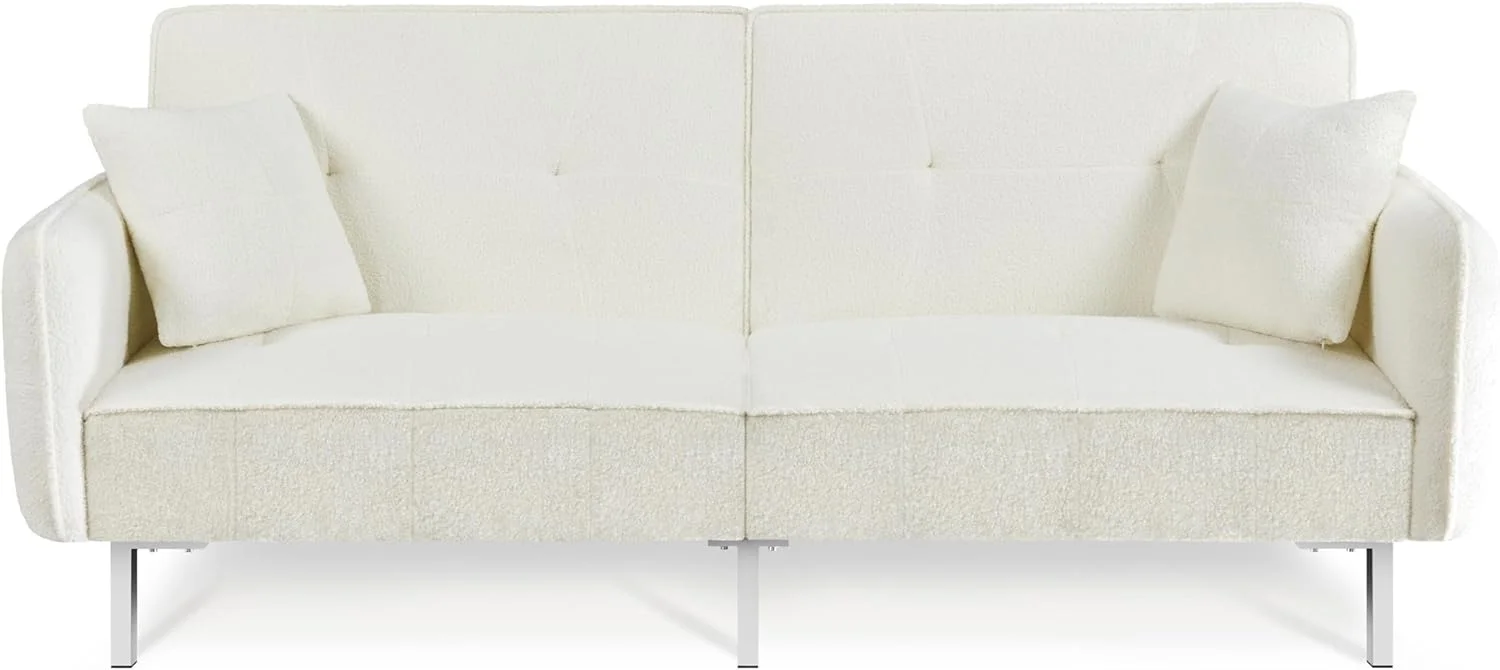 Modern Sofa Bed Convertible Futon with Split-Back Sleeper Bed Recliner Reversible Loveseat S Daybed Guest Bed Living Room Furniture, Ivory Bouclé