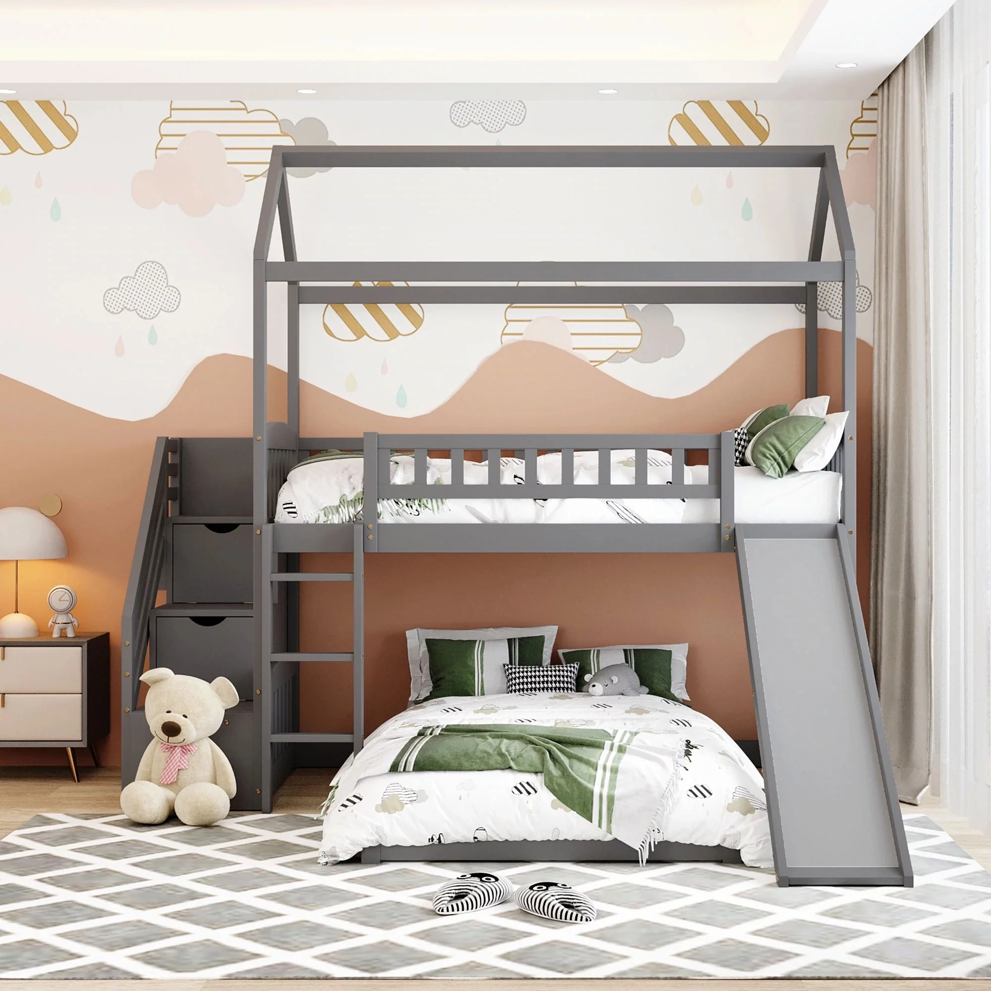 HomeRoots 404050 Gray Twin Size Over Play House Perpendicular Bunk Bed with Slide