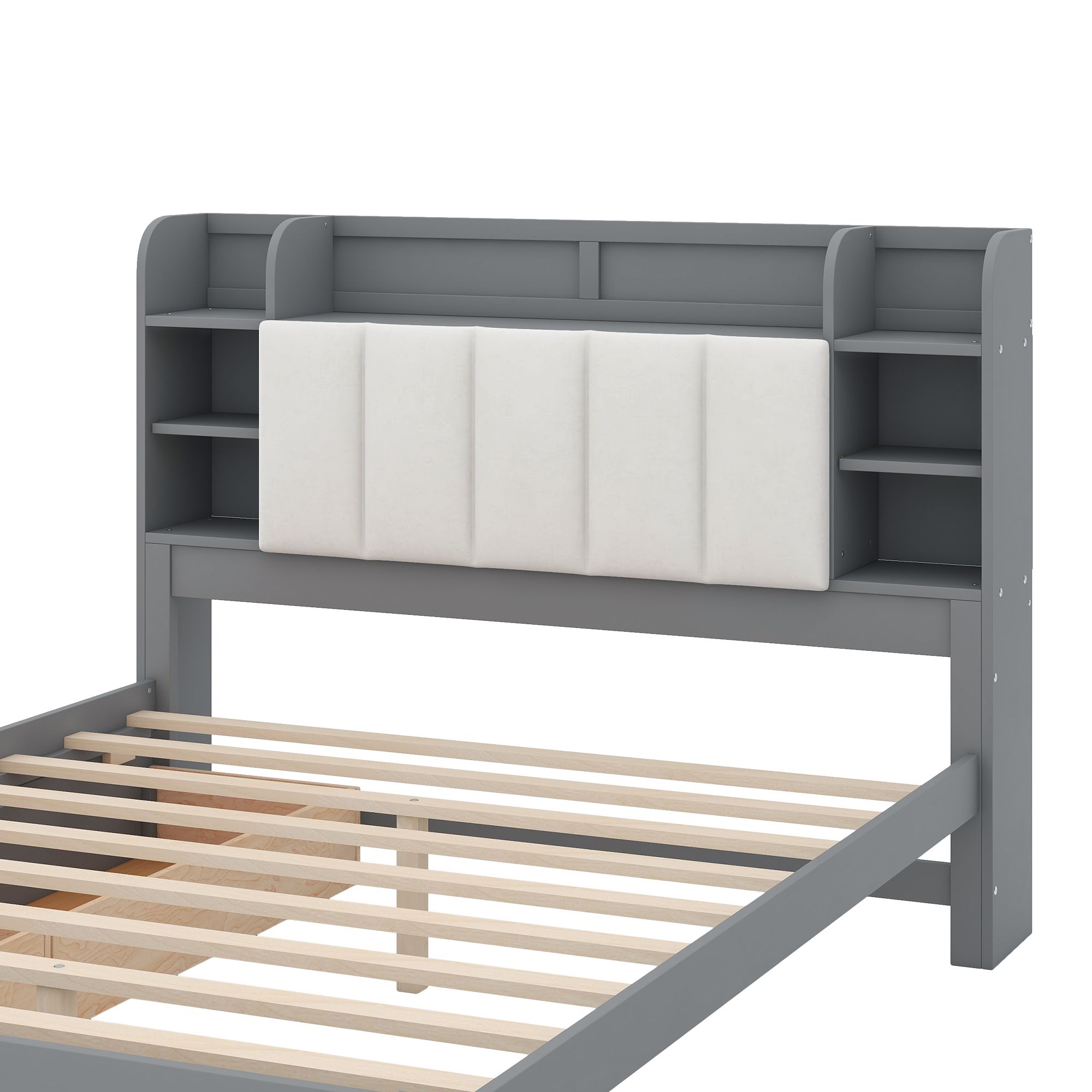 Queen Size Solid Wood Bed Frame with Storage Headboard, Shelves and 2 Drawers, Platform Bed Frame, Mid Century Bedframe, Wood Foundation(Gray, Queen)