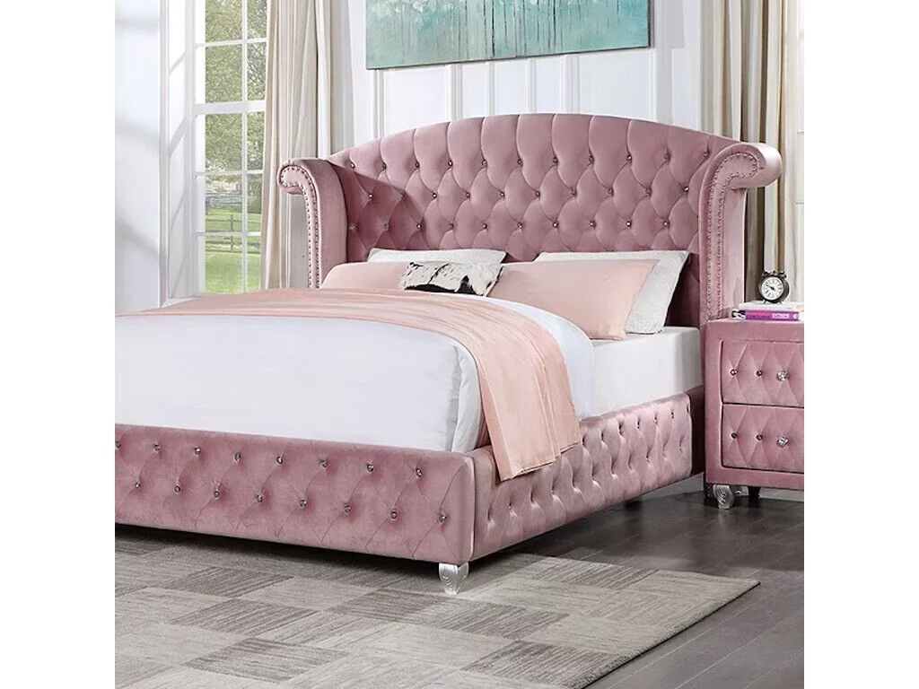 Youth Bedroom Furniture 1pc Twin Size Bed Pink Velvet Like Fabric Button Tufted Bedframe Wingback Design Solid wood