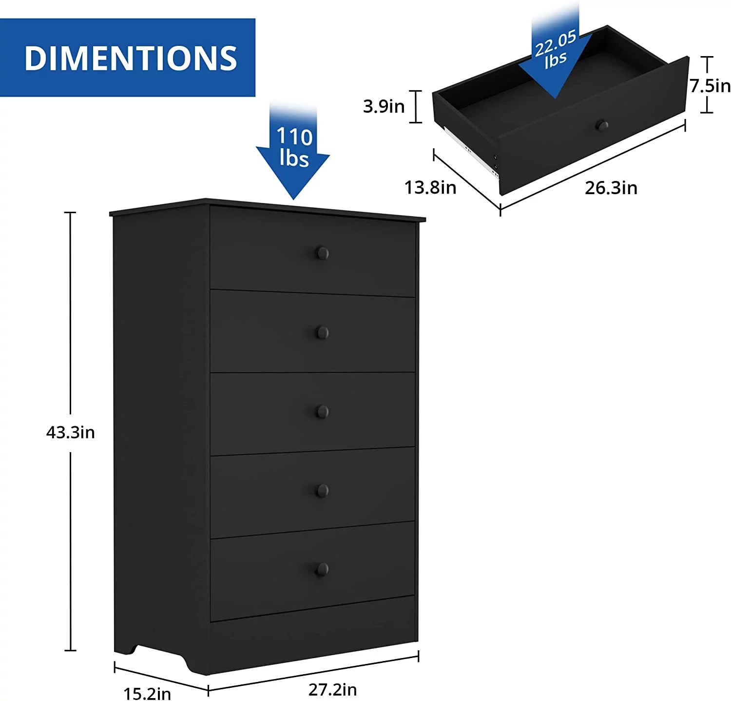 Castle Black Dresser for Bedroom 5 Drawers Chest Dresser Organizer Tall Dresser Drawer Organizers Kids Dresser for Bedroom Nursery Living Room Entryway Black