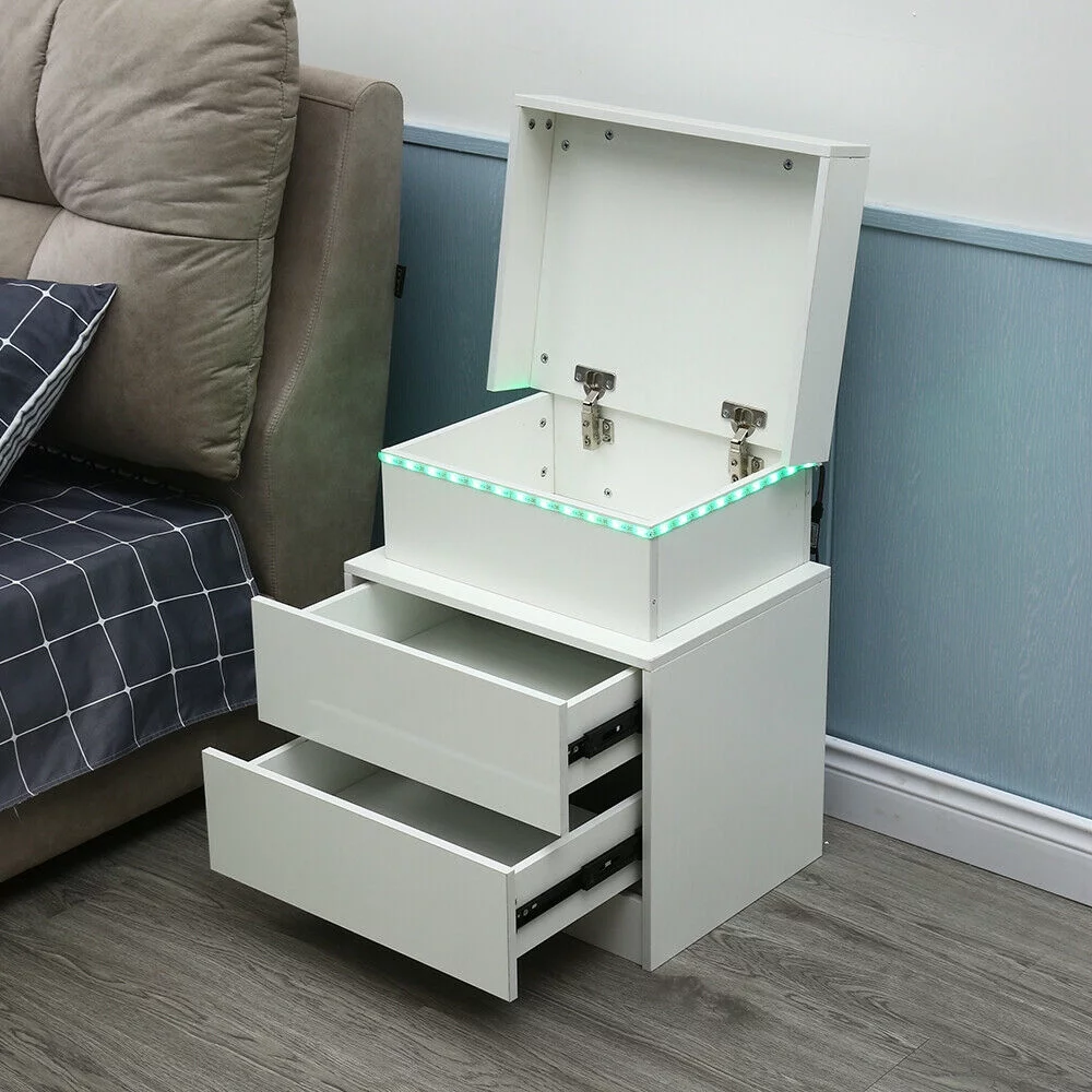 LED Nightstand with 2 Drawers High Gloss Bedside End Table Modern End Table Home Bedroom Dresser RGB LED Nightstand 45*35*52cm