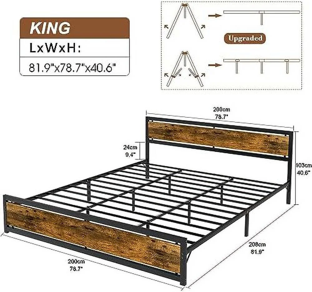 HBBOOMLIFE Full Bed Frame with 4 XL  Drawers  Industrial Metal Platform Queen Bed Frame with Footboard  Noise-Free  No Box Spring Needed  Easy Assembly  Space Saving  Vintage Brown