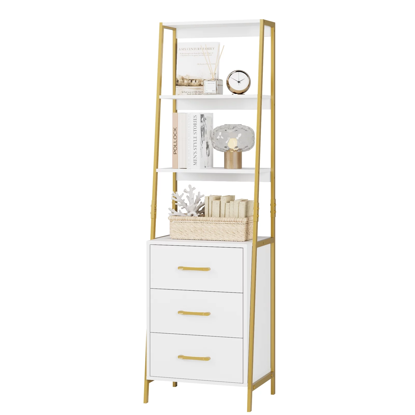 Homfa Trapezoidal Bookshelf, 3-Tier Open Storage Shelves with 3 Drawers, White and Gold Finish