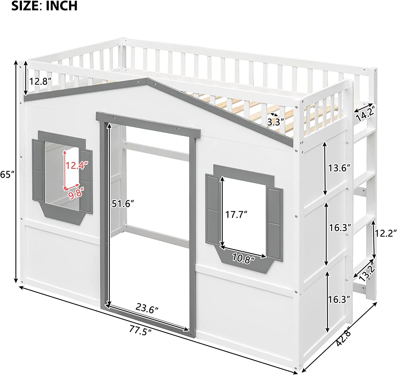 House Lof Bed Frame For Kids, Woode Size Lof Bed Wih Widows Ad Guardrail, Playhouse Bed Size Lof Bed For Boys & Girls, o Box Sprig eeded, Uderbed Heigh Is 51 Iches, Whie+Gray