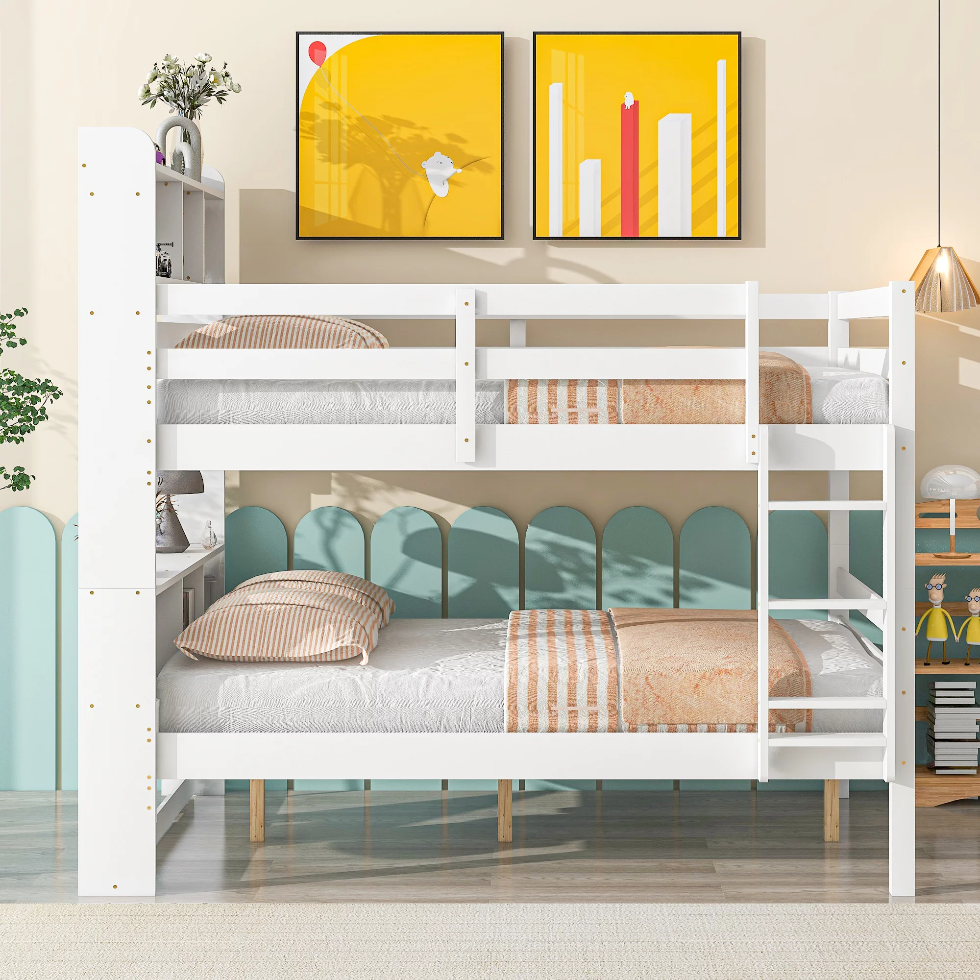 Bellemave Full Bunk Bed for Kids, Teens, Adult, Wood Full over Full Bunk Bed with Storage Headboard, Can Be Split Down into 2 Platform Beds (White)