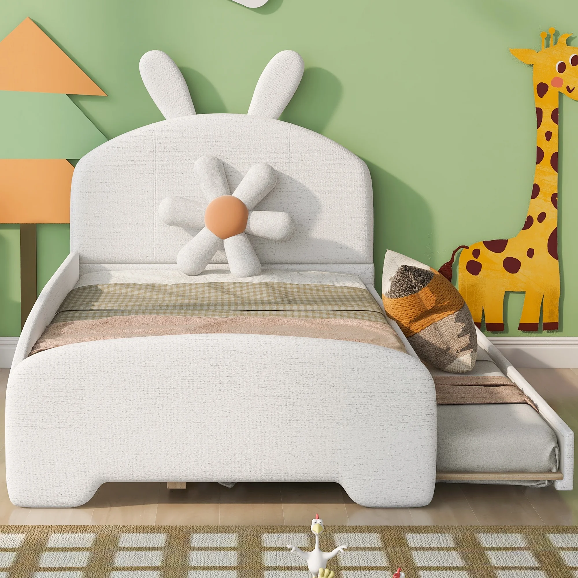 Twin Size Upholstered Platform Bed with Cartoon Ears Shaped Headboard and Trundle, Upholstered Platform Bed Frame with Headboard(White, Twin)
