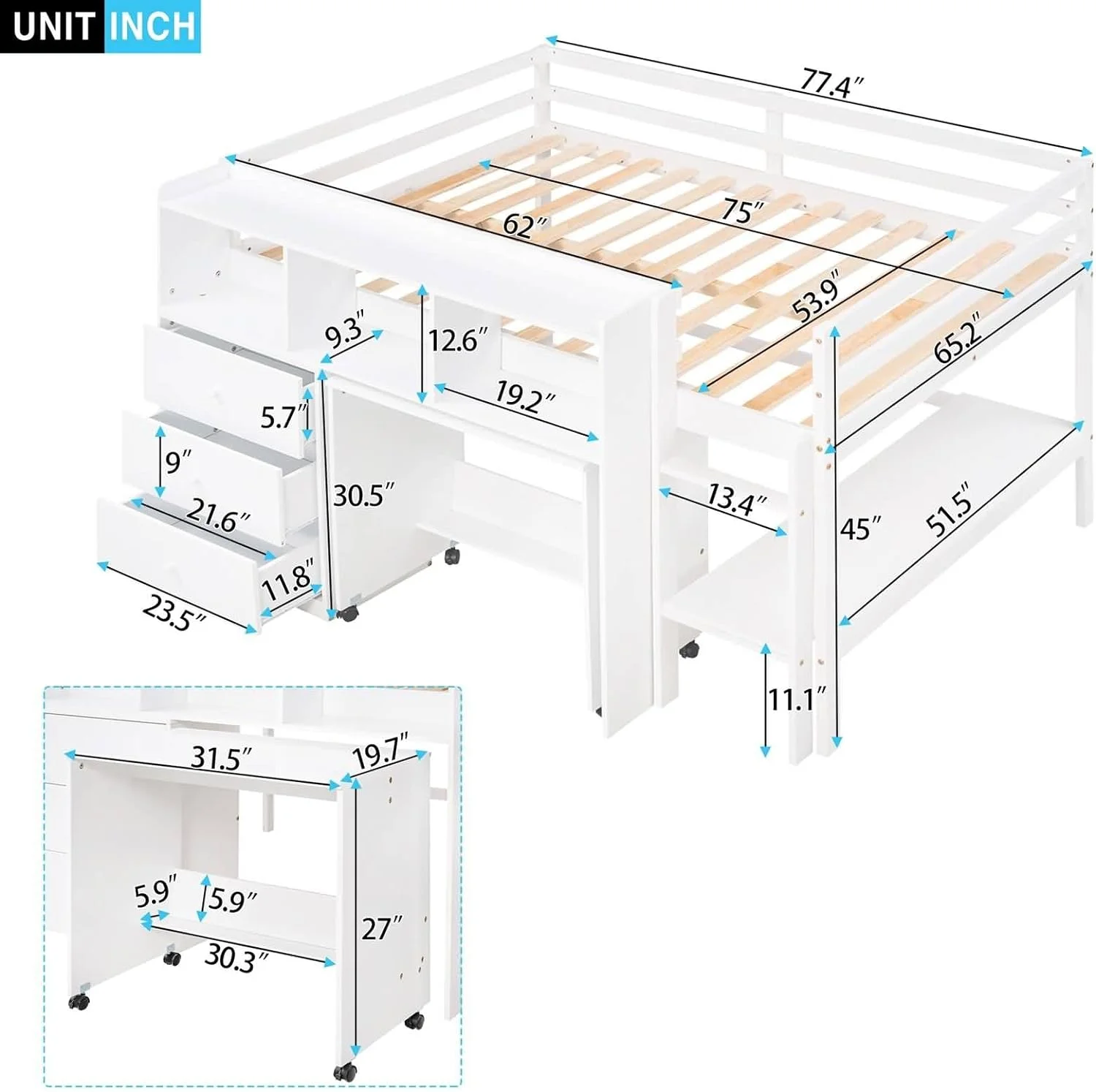 Bed Frame Full Wood, Full Size Low Loft Bed with Rolling Portable Desk, Drawers and Shelves