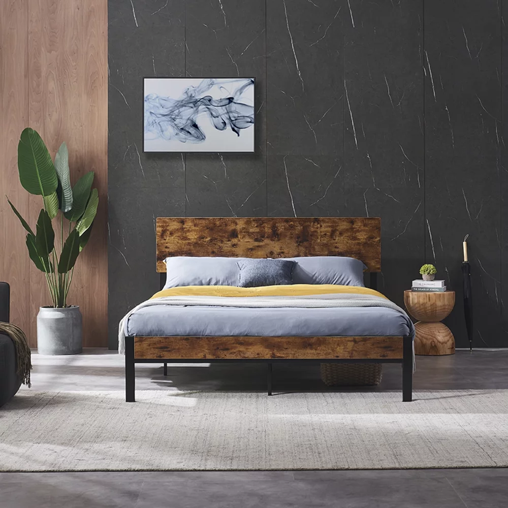 Dcenta Queen Size Metal Platform Bed Frame with Wooden Headboard and Footboard, No Box Spring Needed, Large Under Bed Storage, Easy Assemble