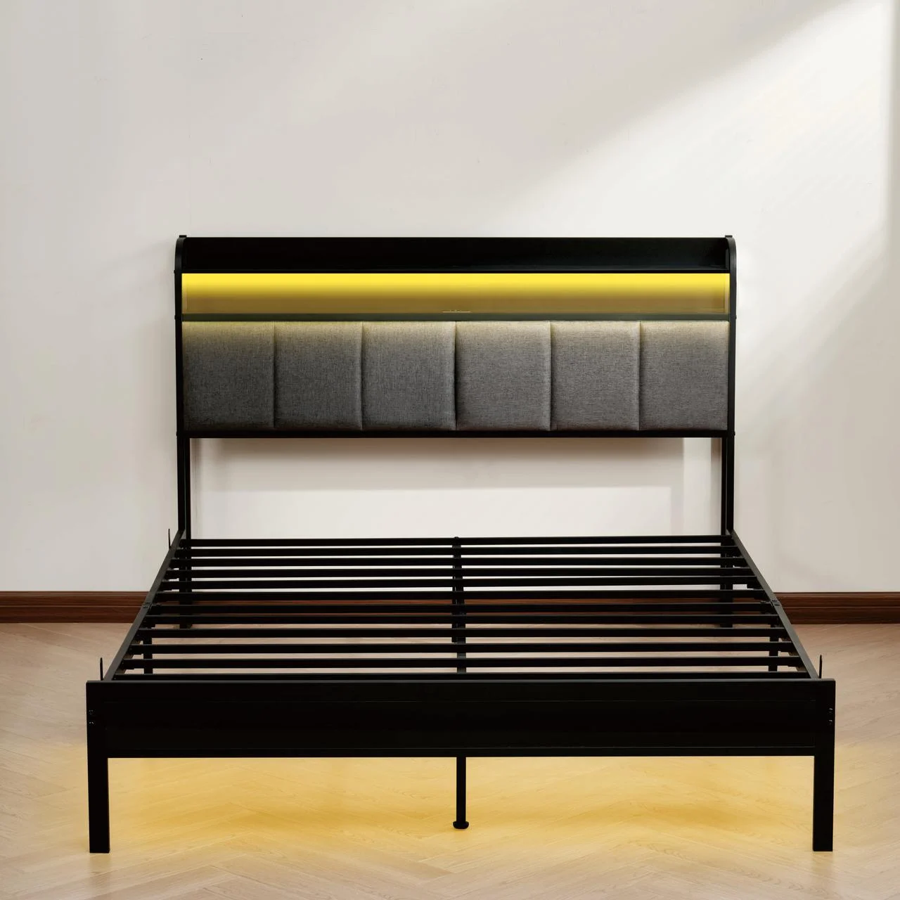 Z-hom Queen Bed Frame with LED Lights Headboard, Queen Size Heavy Duty Metal Hybrid Bed Frame Bed Base, Sturdy Upholstered Wooden Queen Platform Bed with Charging Ports & Storage Shelves