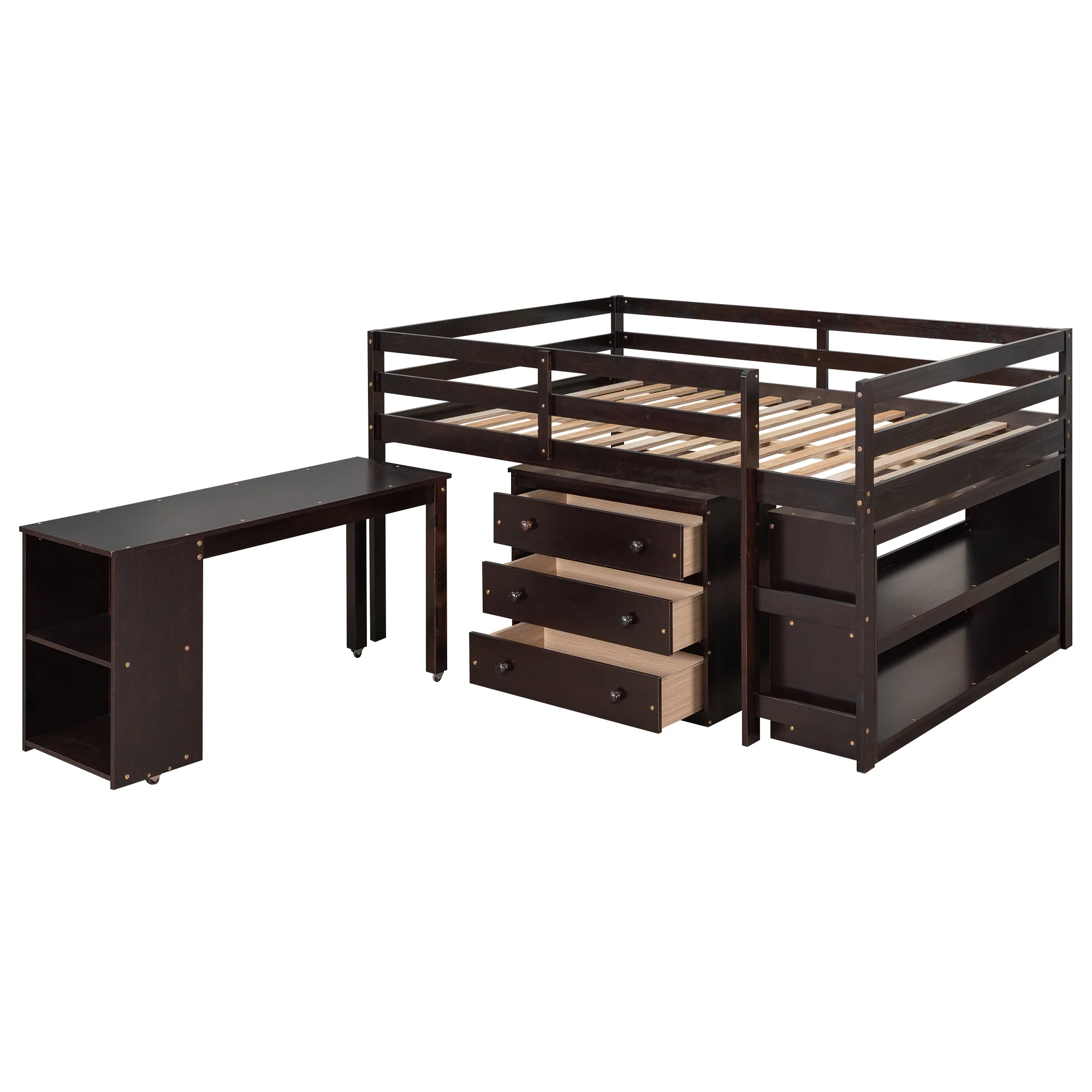 Artlia Low Study Full Loft Bed with Cabinet ,Shelves and Rolling Portable Desk ,Multiple Functions Bed- Espresso