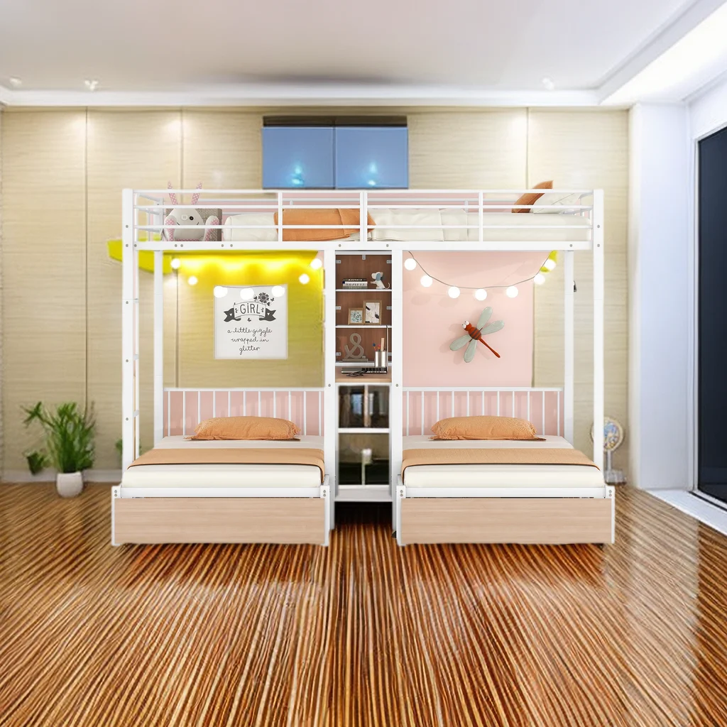 Triple Bunk Bed for 3 Kids, Full Over Twin & Twin Triple Bunk Bed with Drawers, Multi-Functional Metal Bed Frame with Desks and Shelves in The Middle