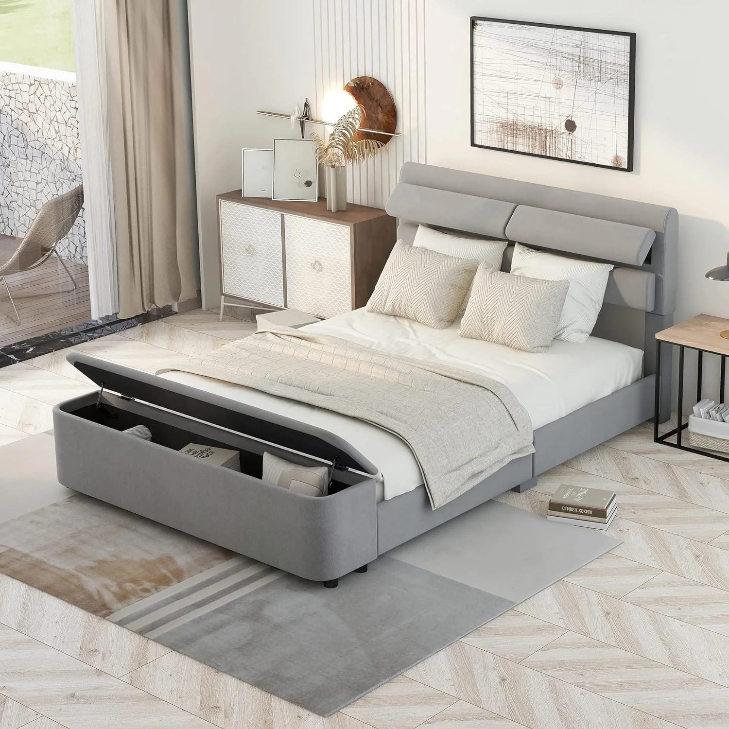 YGDU Full Bed Frame with Storage Headboard & Footboard, No Box Spring Needed,Support Legs - Grey