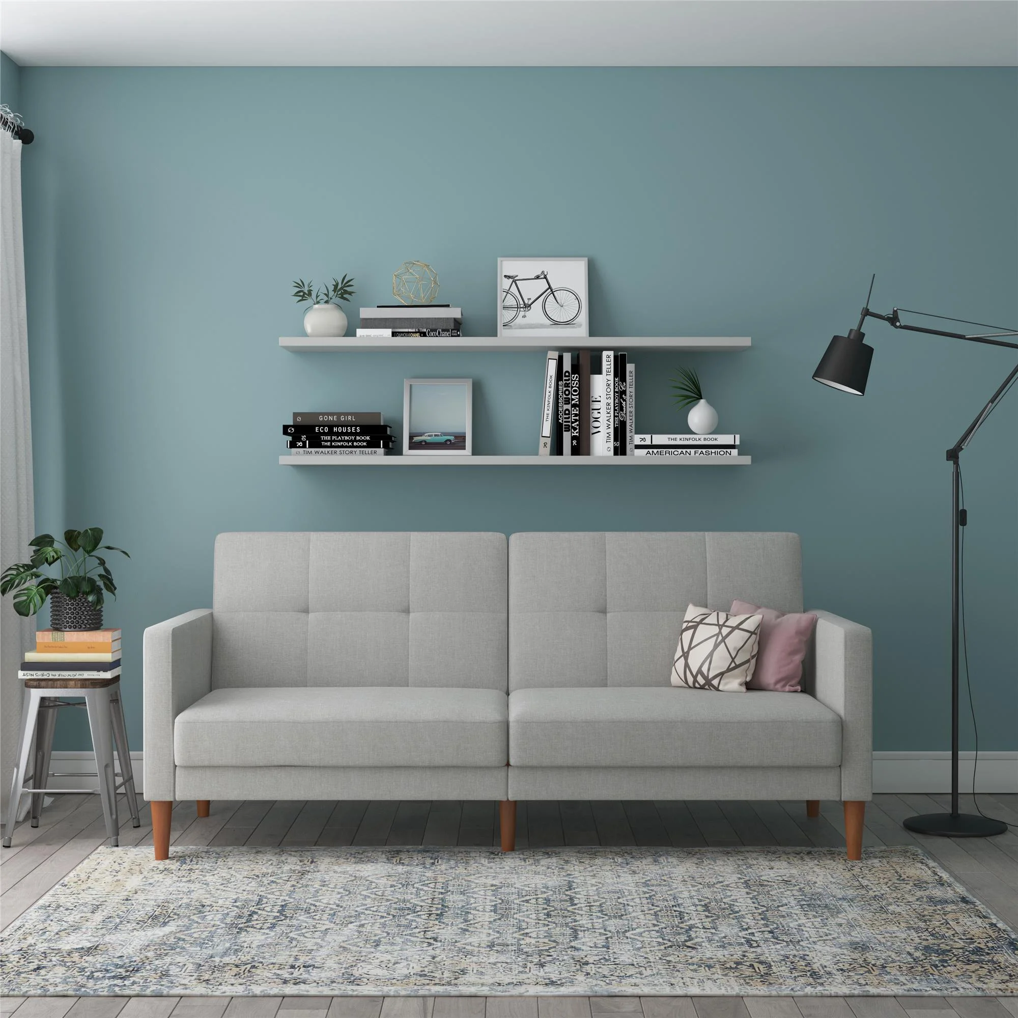 RealRooms Lilly Upholstered Convertible Split-Back Futon Sofa, Light Gray Linen