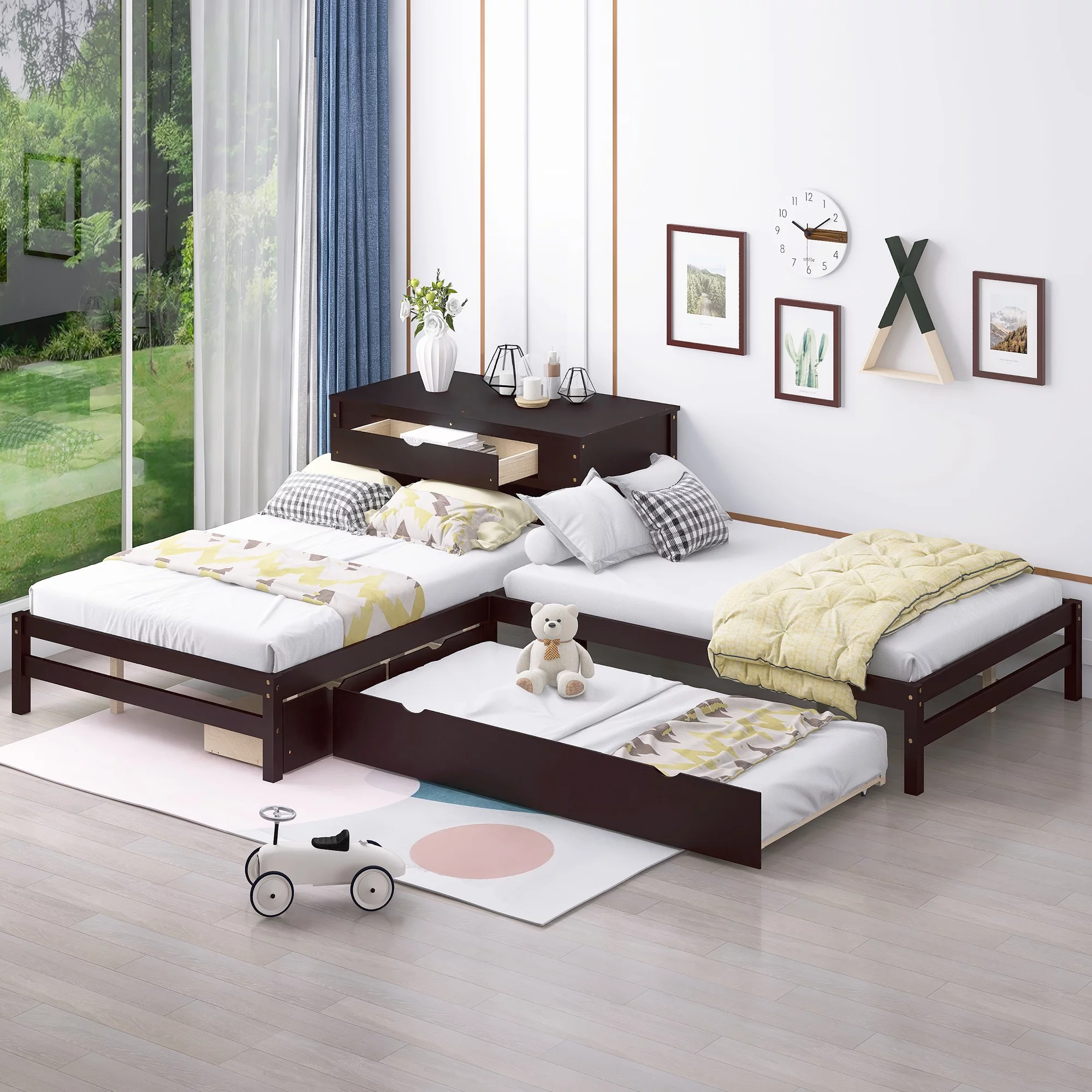 Full Size L-shaped Platform Beds with Trundle, Drawers and Table, Espresso