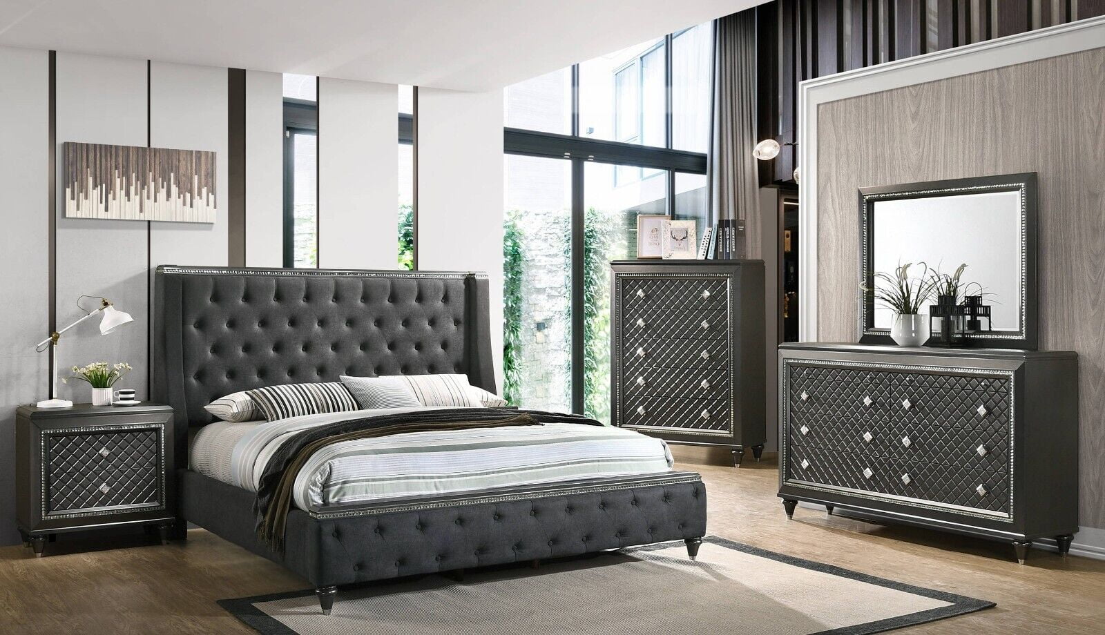 Modern Glam Style 4pc King Size Bedroom Set Grey Upholstered Panel Bed Dresser Mirror Nightstand Bedroom Furniture