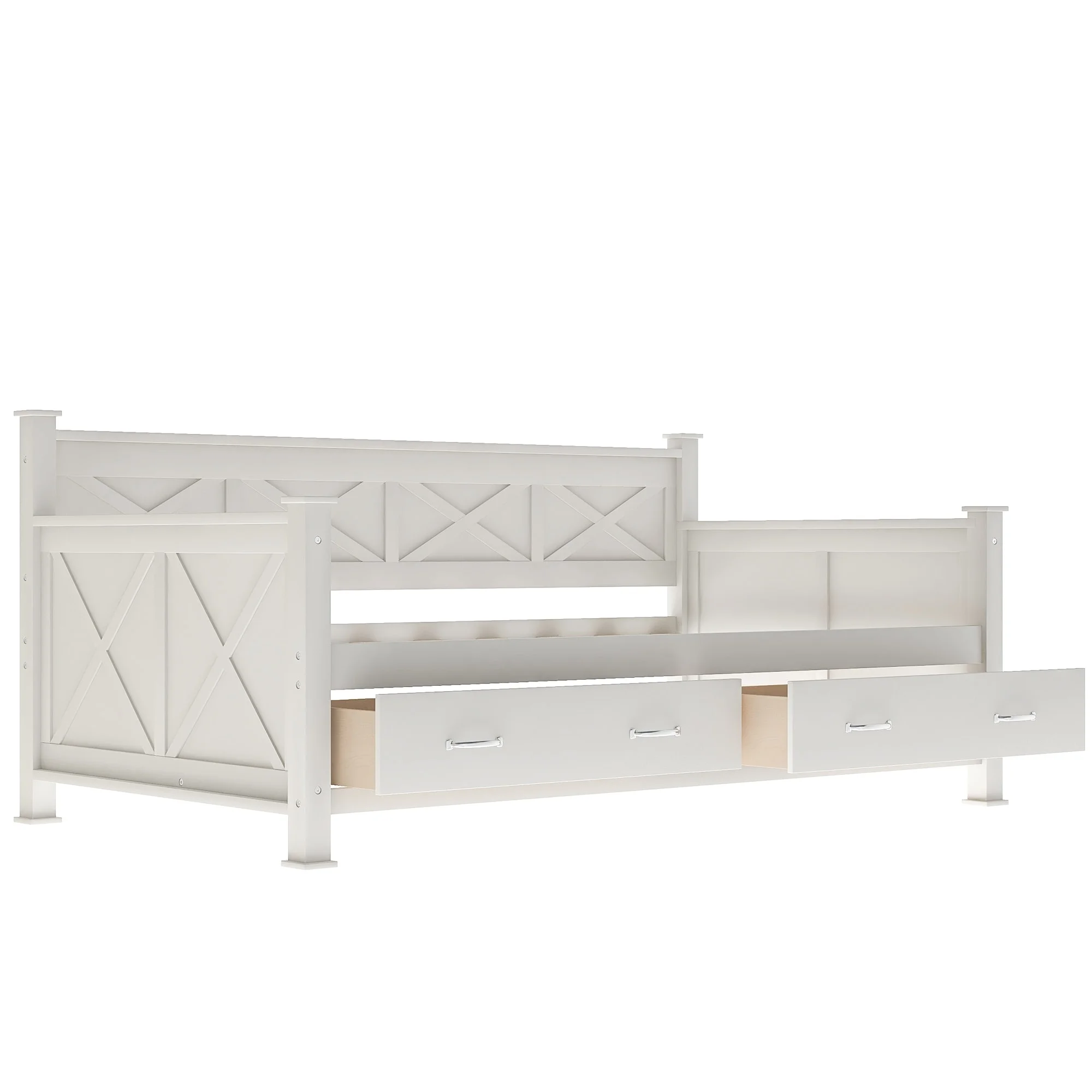 Twin Size Daybed with X-Shaped Frame and 2 Large Drawers, Rustic Casual Style Daybed Cream