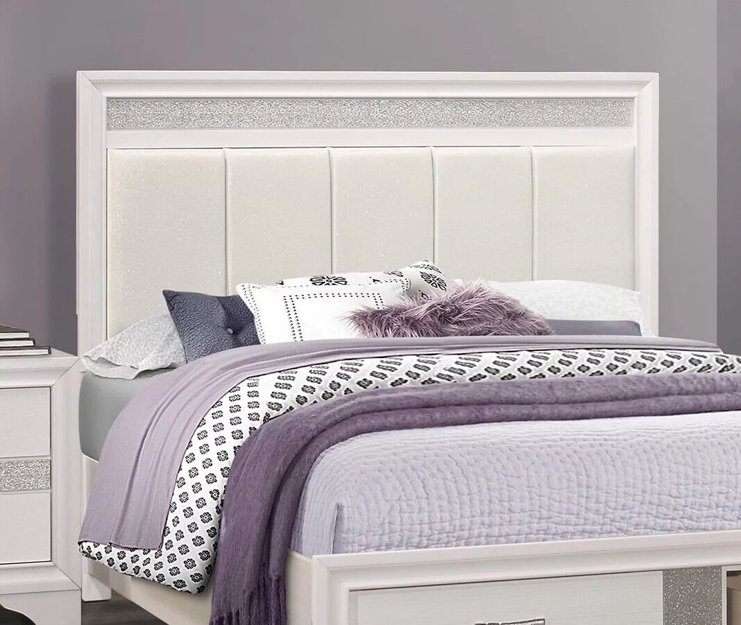 Glamorous White and Silver Glitter 1pc California King Platform Bed Storage Drawers Upholstered Headboard