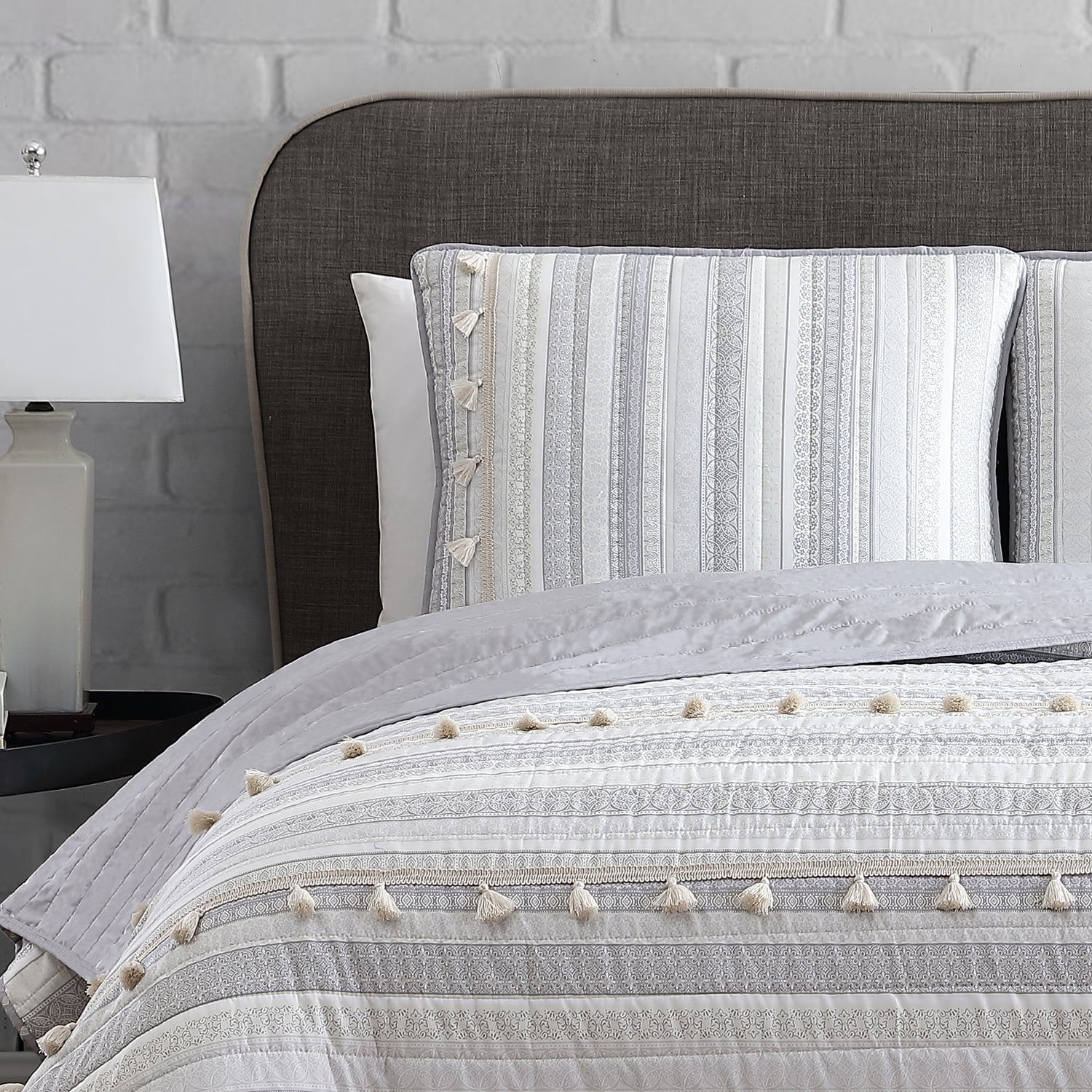 Boho Ribbon Grey 3-Piece Microfiber Quilt Set with Tassels - Full/Queen