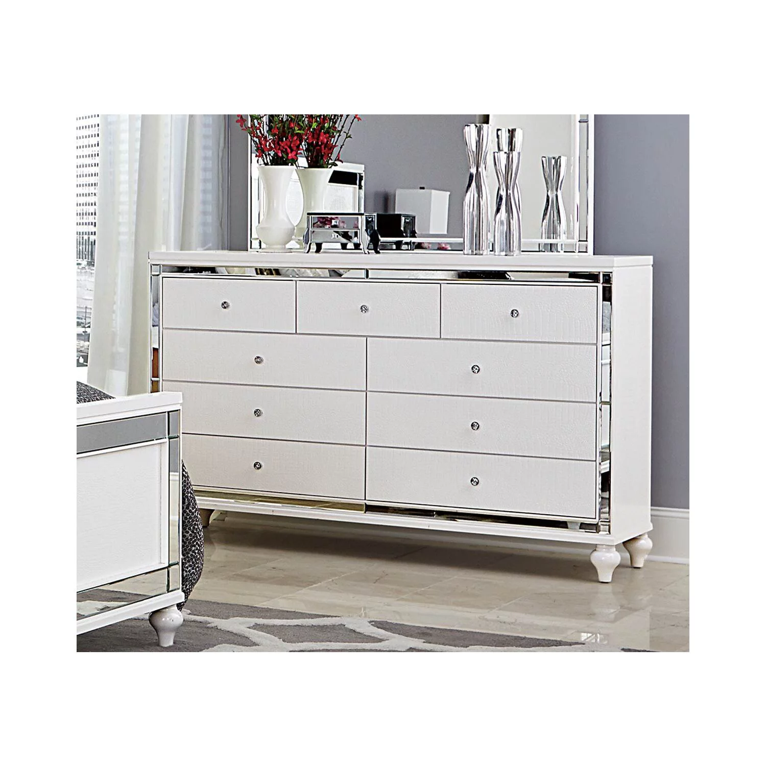 Wooden Dresser Accented With Mirror Outline, White