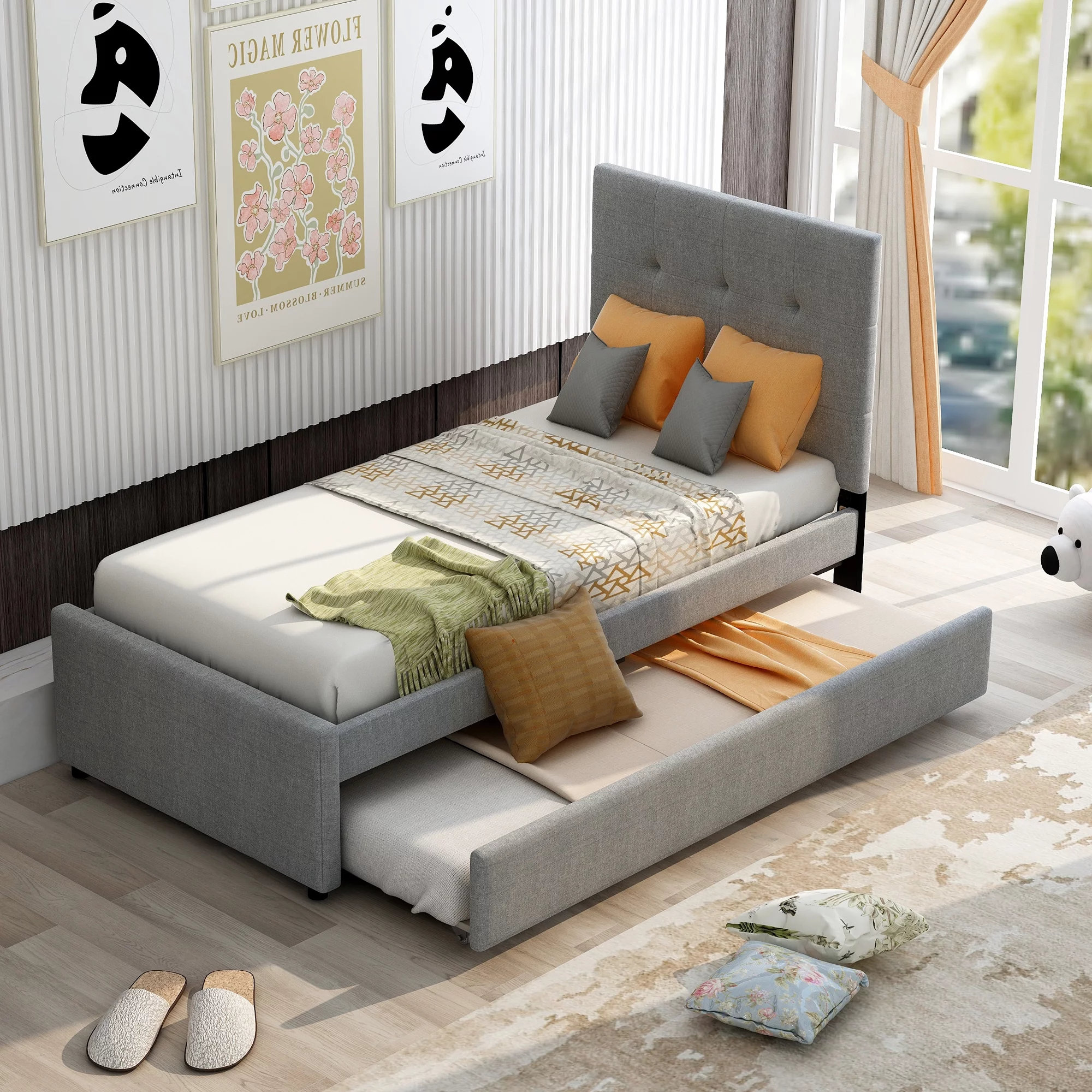 Nestfair Gray Twin Size Linen Upholstered Platform Bed With Headboard and Trundle