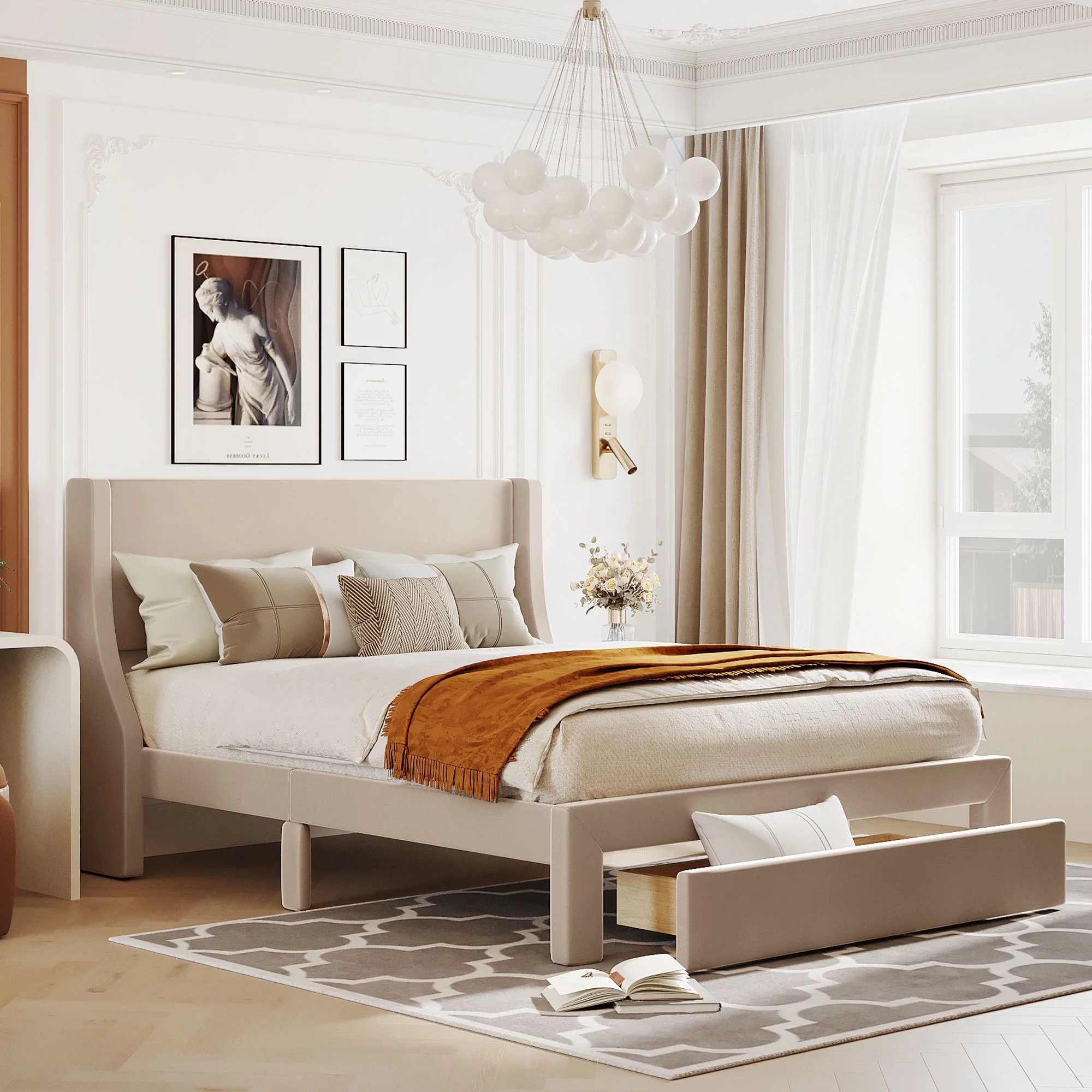Queen Velvet Upholstered Platform Bed with Storage Drawer, Pine Wood Slat Bed Frame With Headboard Footboard, No Box Spring Needed