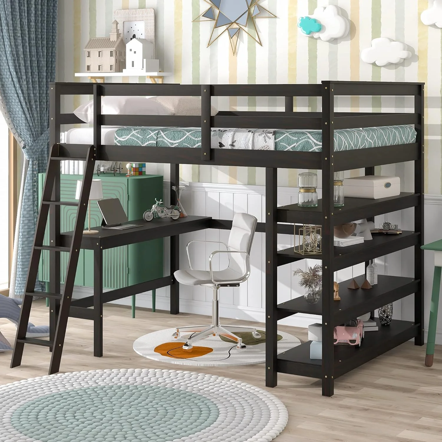 Full Loft Bed With Desk And 4-Tier Shelves, High Loft Bed Frame With Storage, Solid Wood Full Size Loft Bed, No Box Sing Needed, Esesso