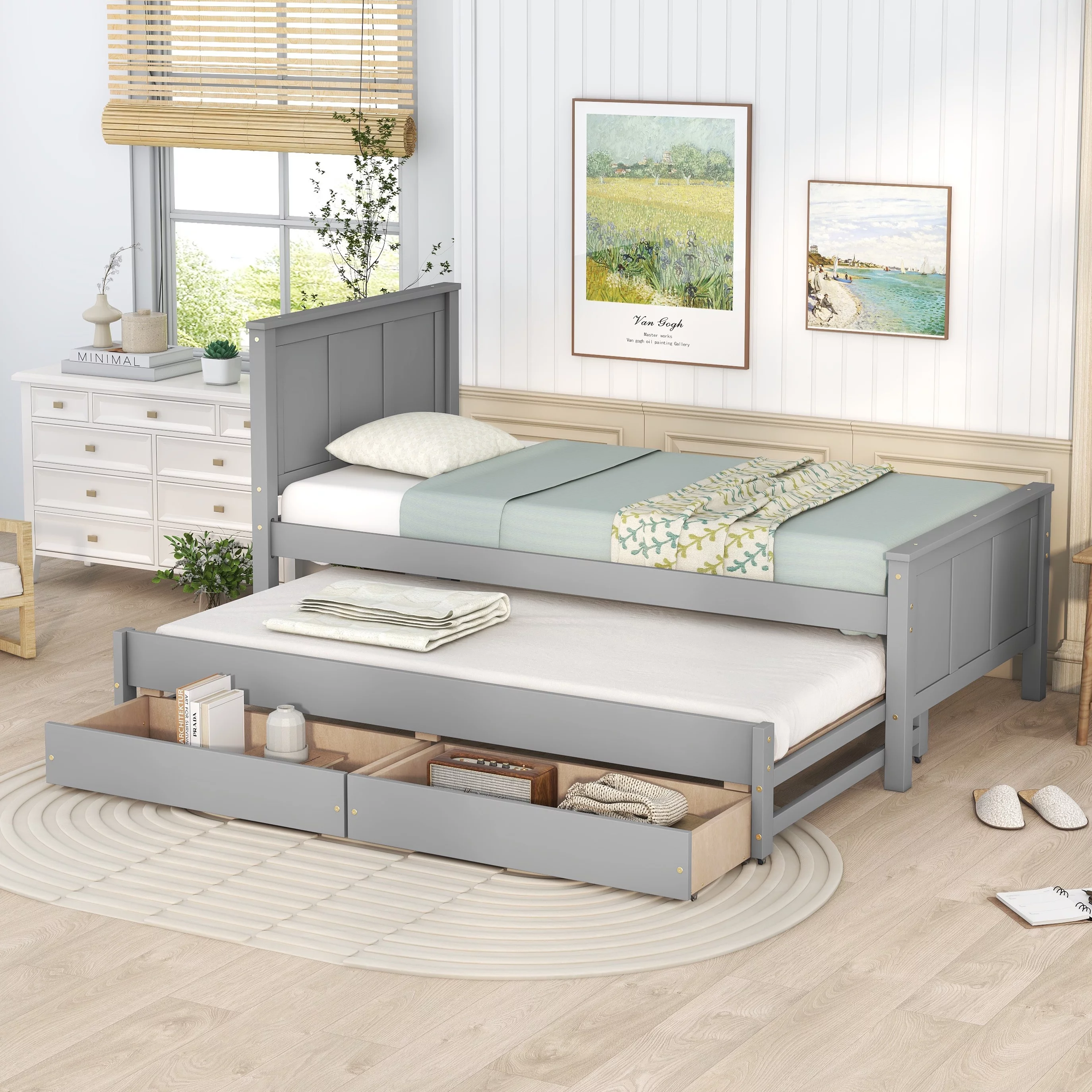 Twin Size Bed Frame Wooden Platform Bed with Trundle and Drawers/No Box Spring Needed/Noise Free (Gray)
