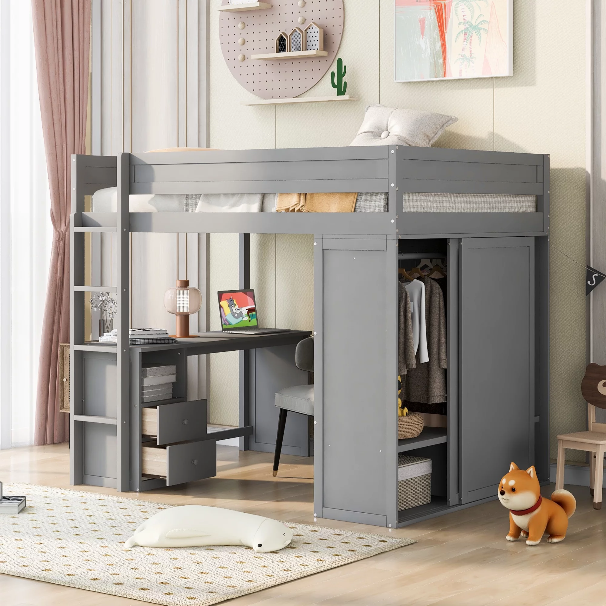 CoSoTower Wood Full Size Loft Bed with Wardrobes and 2-Drawer Desk with Cabinet, Gray
