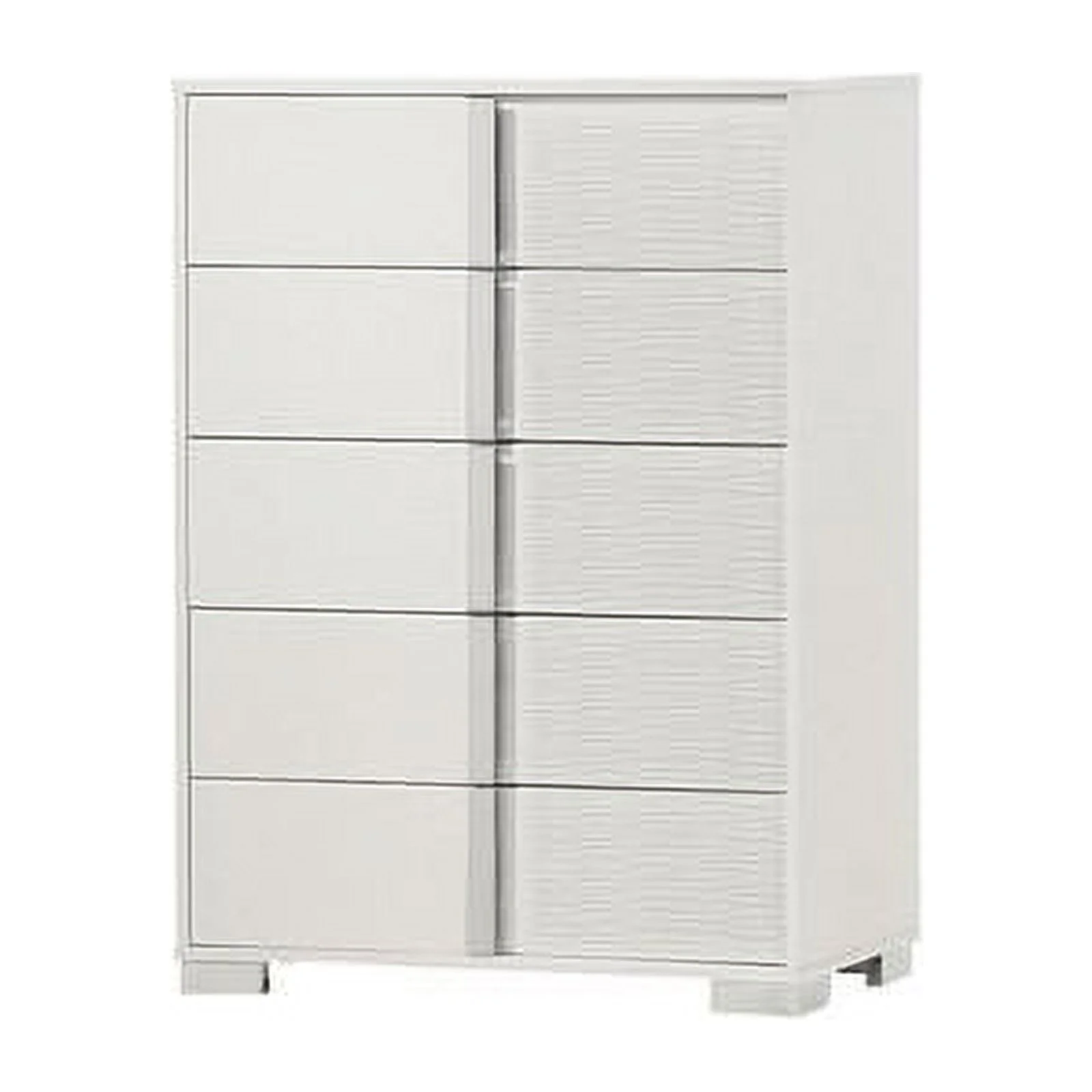White Wood Lacquer 5 Drawer Chest with Metal Trim Accent Handle and Leg