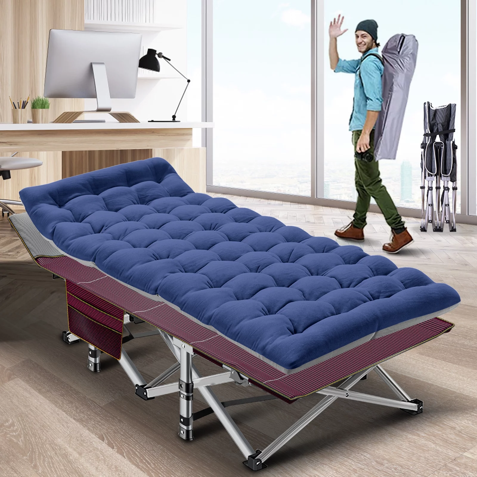 Slsy Folding Camping Cots for Adults, Double Layer 1200D Cot for Sleeping, Heavy Duty Guest Bed with Mattress & Carrying Bag Home Camping Office Vacation Nursing