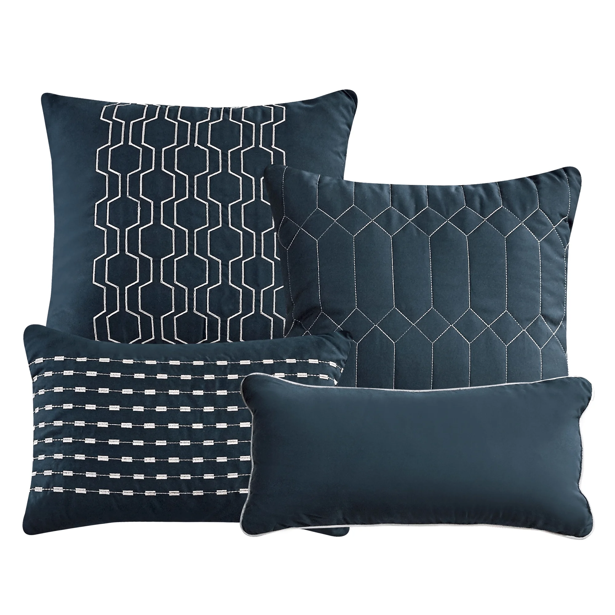 HIG 7 Pieces Embroidered Queen Size Comforter Set - Navy Blue Brushed Microfiber Bedding, Elegant Home Decor, Soft & Breathable Fabric, All-Season Bed in a Bag