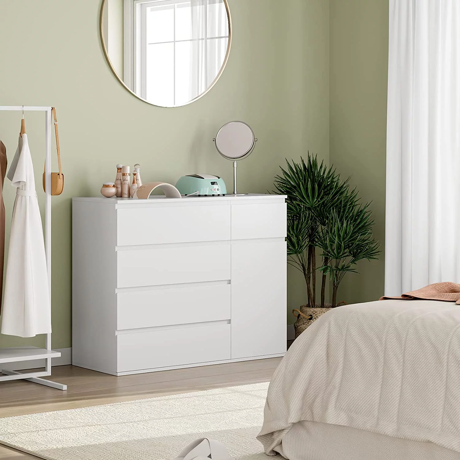 5 Drawer Dresser, White Dresser for Bedroom, Mid Century Modern Dresser Double Dresser Storage Chests of Drawer with Door, Deep Drawers and Wide Storage Space