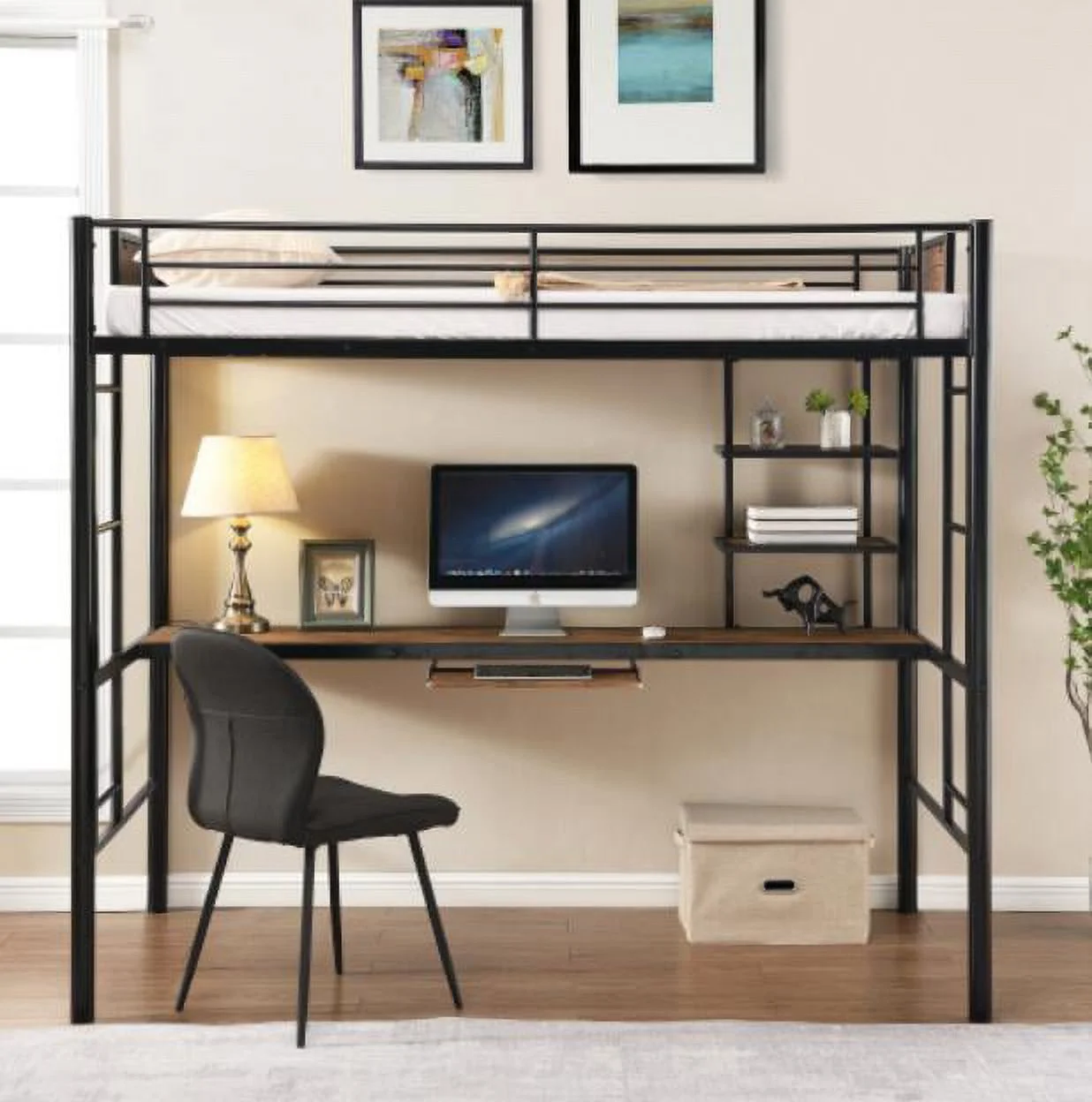 Metal Loft Bed with Desk and Storage Shelves, Twin Bed Frame Bilateral