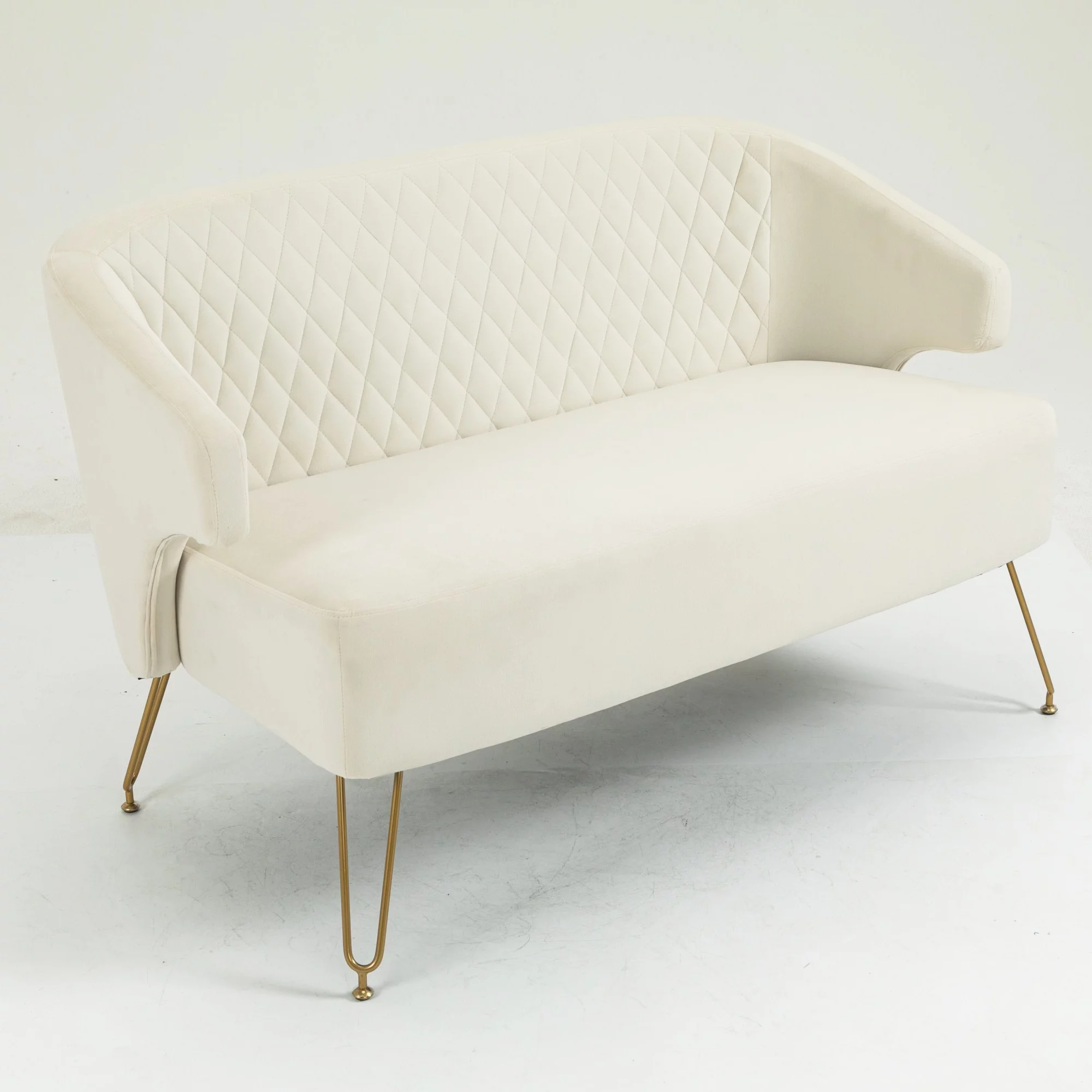 Glavbiku Twin Size Love Seat with Golden Metal Leg,Living Room 2 Seats Sofa with Tufted Backrest,White
