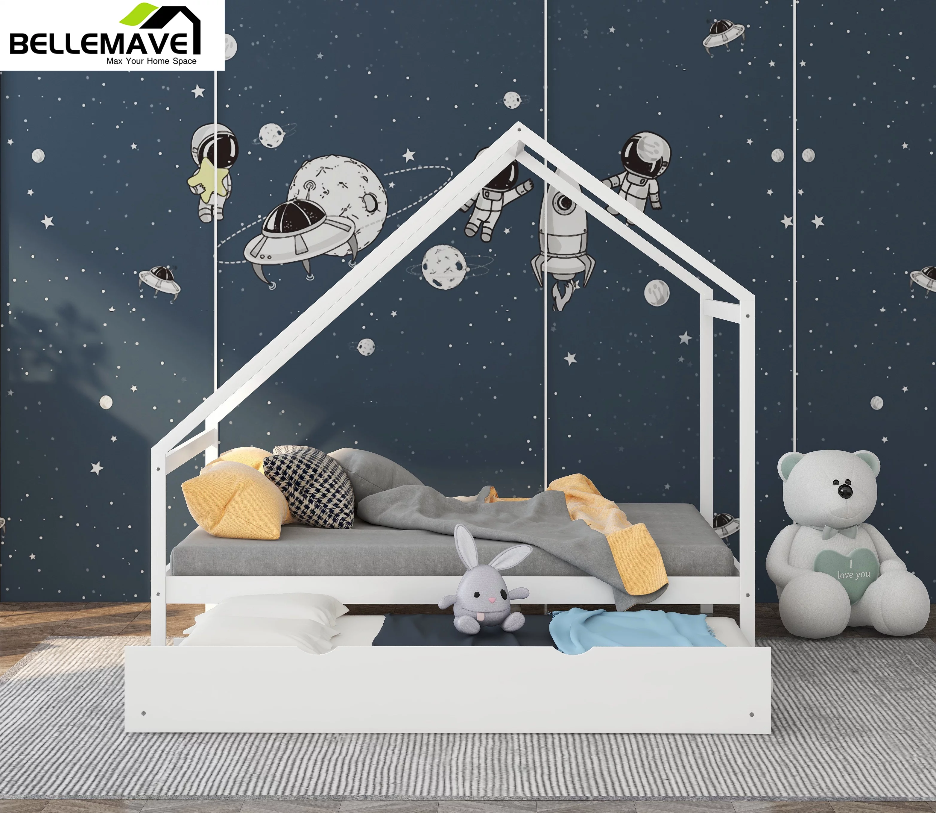 Bellemave House Bed for Kids Wood Bed Frame for Toddlers Full Platform Bed Frame with Twin Trundle Bedroom Furniture for Girls Boys, No Box Spring Needed, White