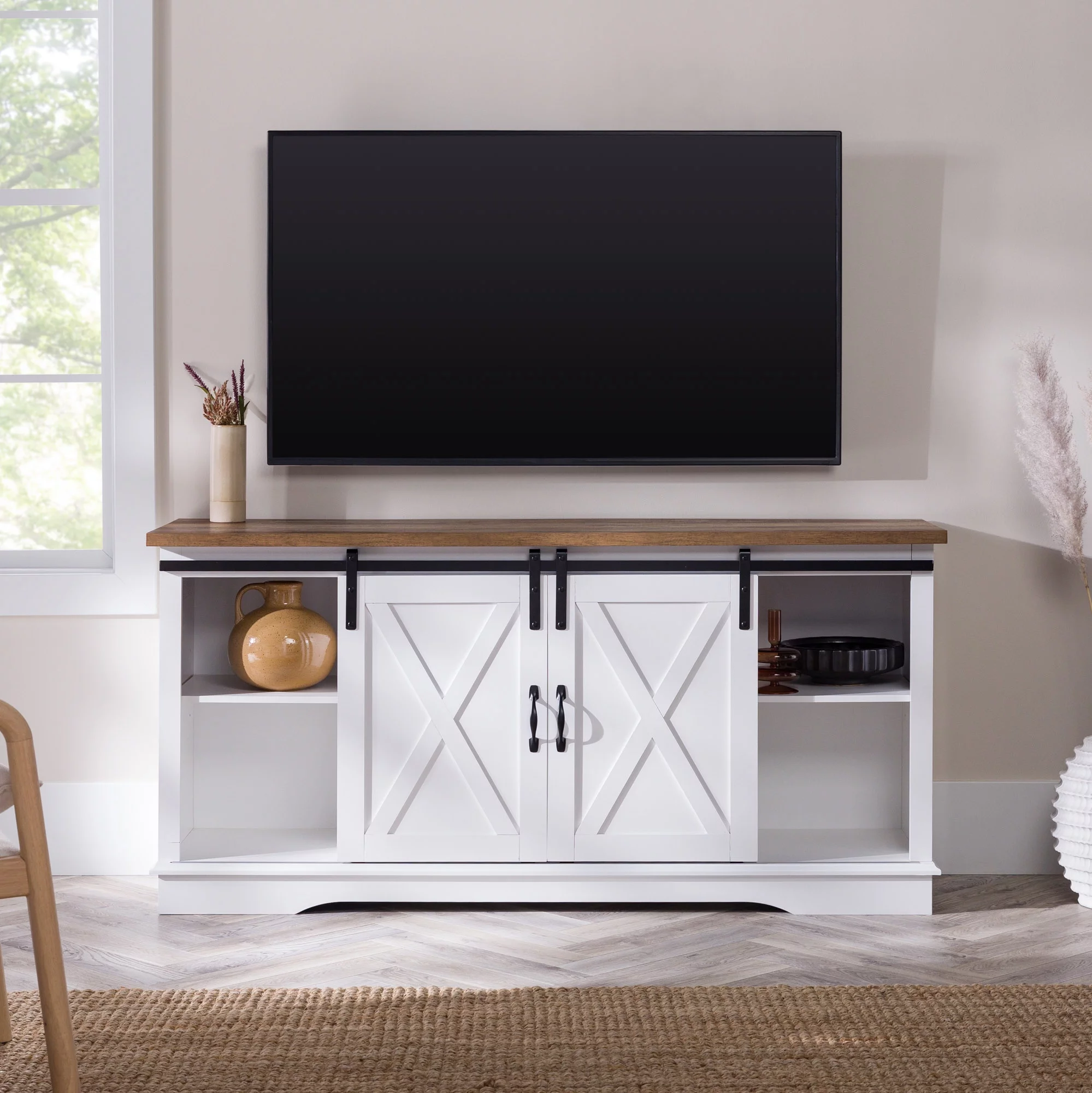Woven Paths Farmhouse Sliding Barn Door TV Stand for TVs up to 65