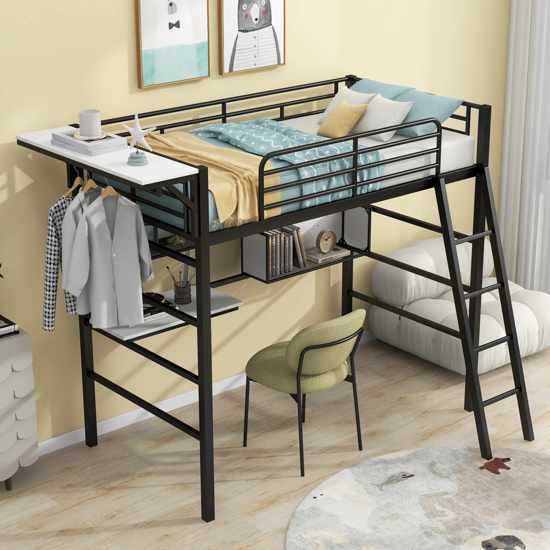 Twin Size Metal Loft Bed with 2 Shelves, a desk and a Hanging Clothes Rack, Black and White(Expected to arrive at 11.07)
