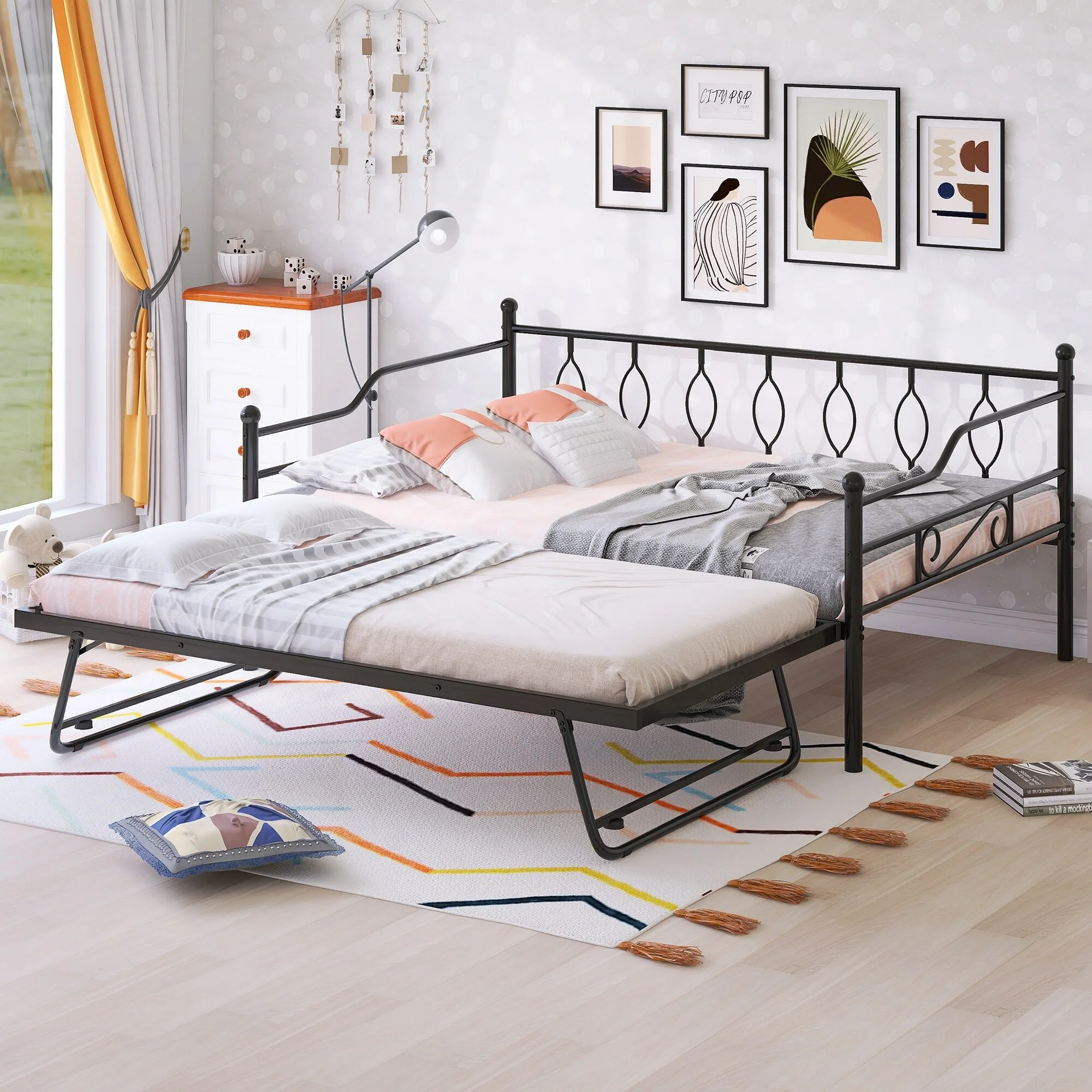 Nestfair Full Size Metal Daybed with Twin Size Adjustable Trundle White