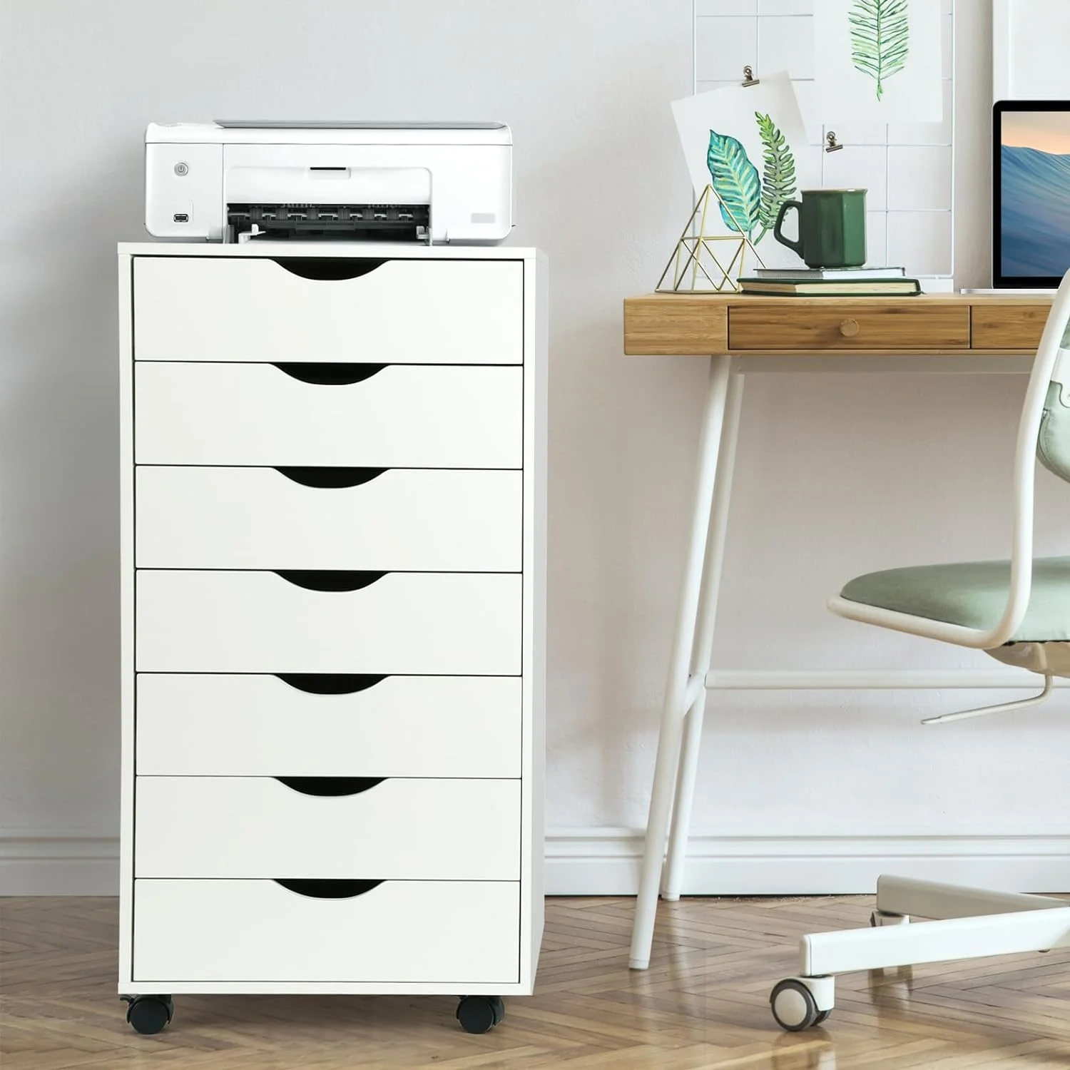 White 7-Drawer Dresser, Tall Chest of Drawers with Caster Wheels, Storage Cabinet for Bedroom, Living Room