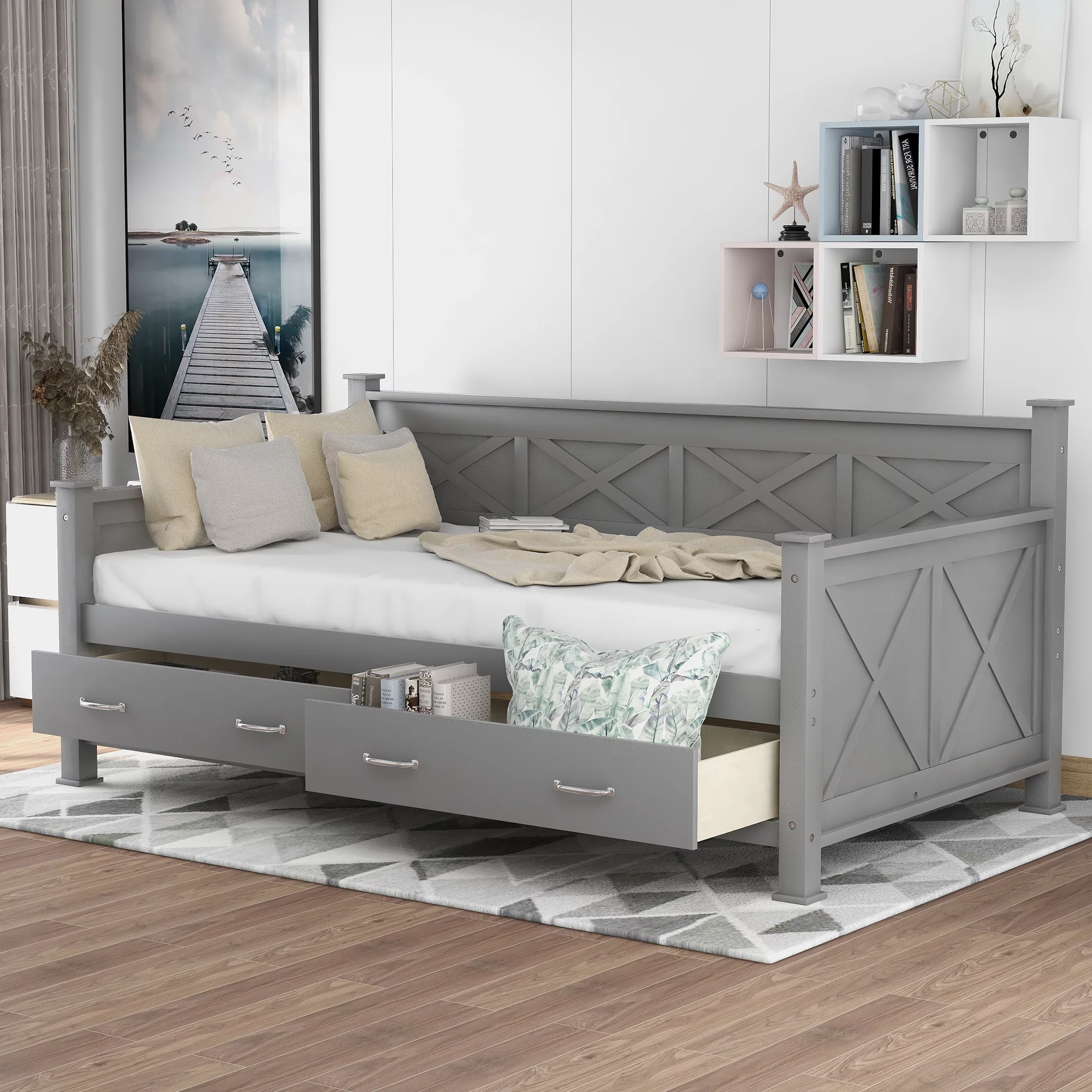 Euroco Wood X-Shaped Twin Daybed with Two Storage Drawers for Kids Bedroom, Gray