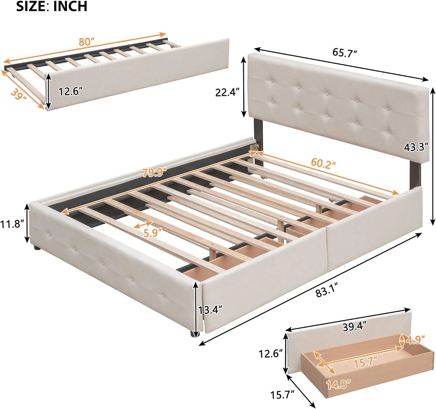 Upholstered Queen Beds With 2 Storage Drawers And A XL Trundle Linen Fabric Platform Bed Frame With Headboard For Adults, Boys, Girls, Kids, Teens Bedroom, Beige