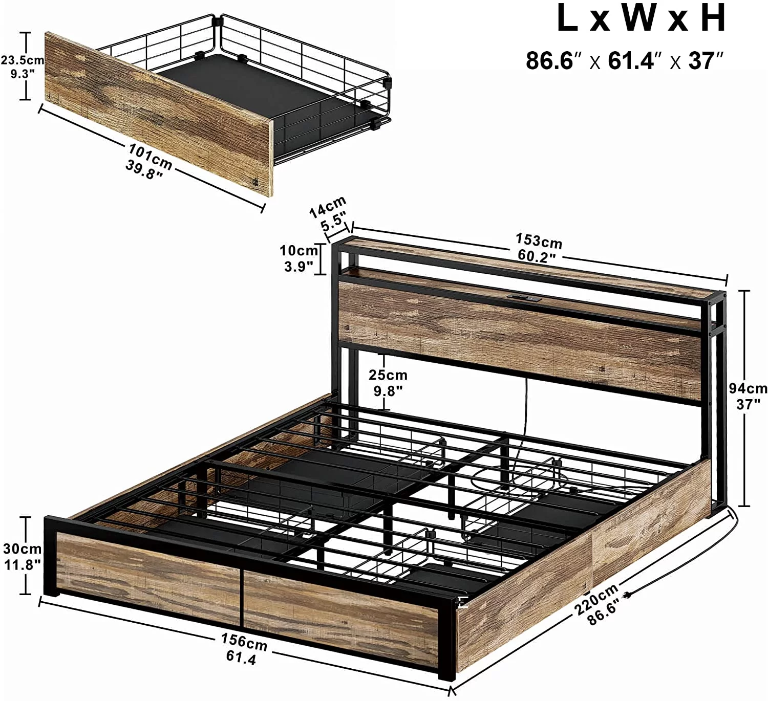 LIKIMIO Queen Bed Frame with Storage Drawer 2-Tier Storage Headboard with Charging Station No Box Spring Needed Easy Assembly Rustic Brown