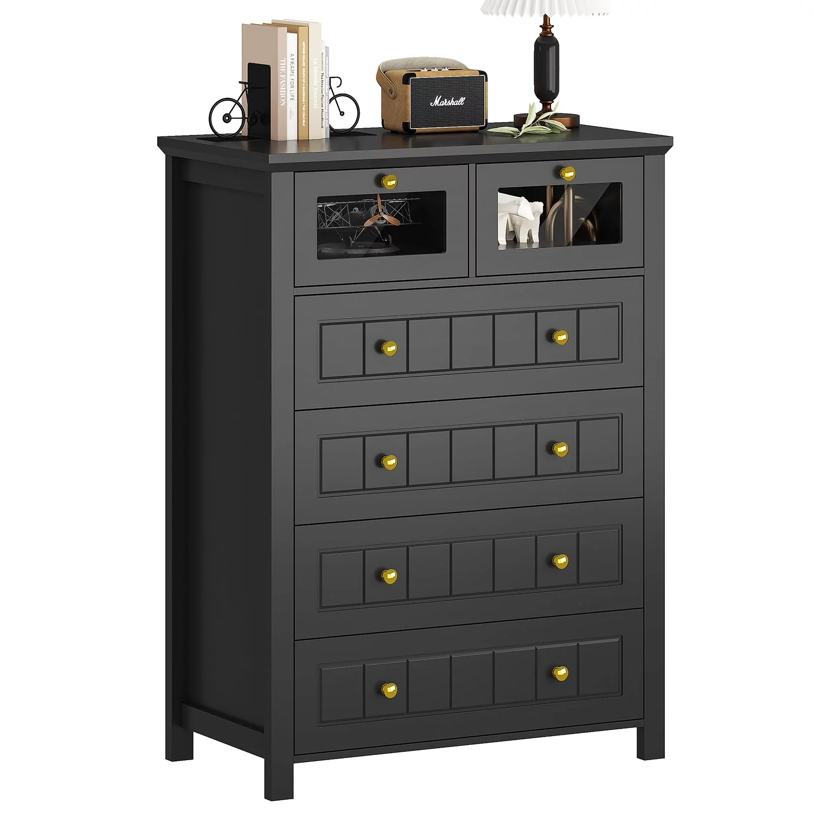 NEW 6 Drawer Dresser with Milled Grooves Design for Bedroom,6 Drawer Dresser with Led Light,Morden Tall Led Dresser Closet,Black