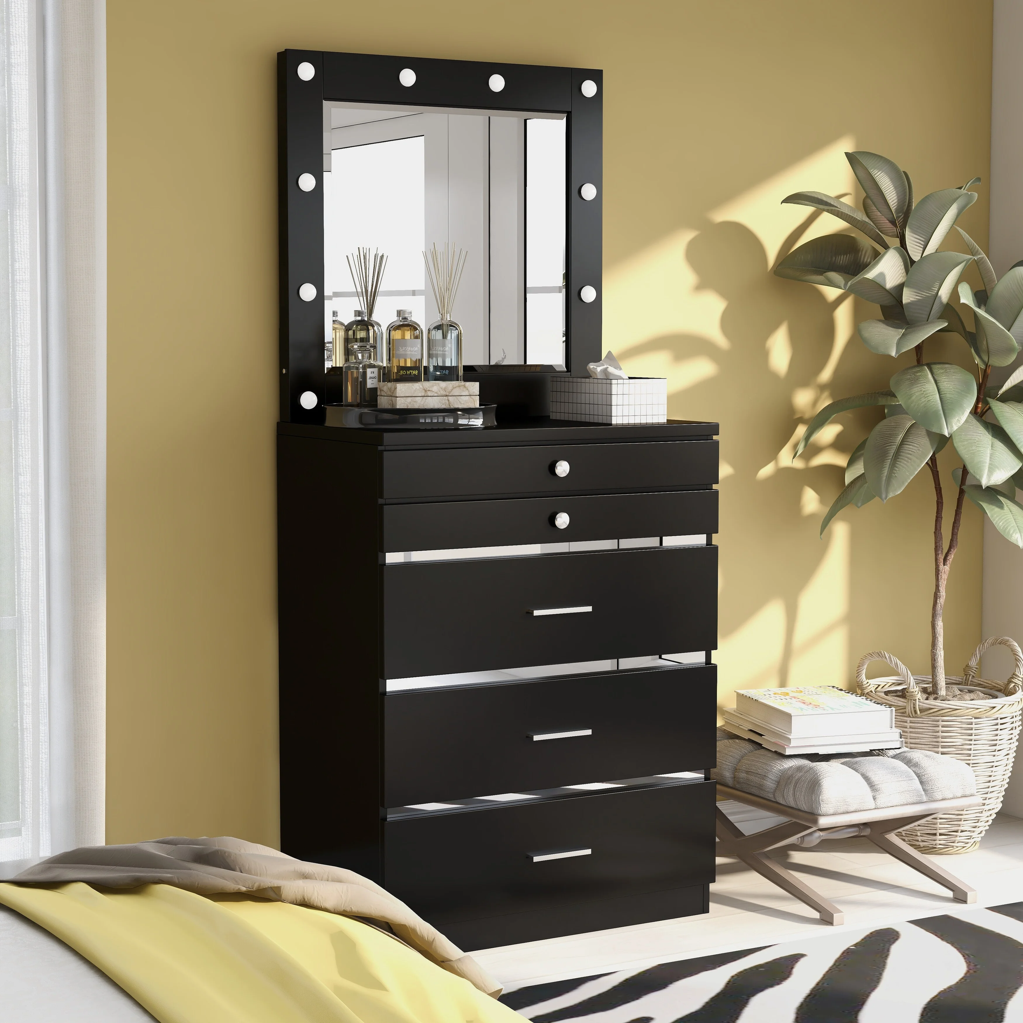 Furniture of America Mary Hollywood Glam Vanity Chest and Mirror with USBs & Outlets by  White