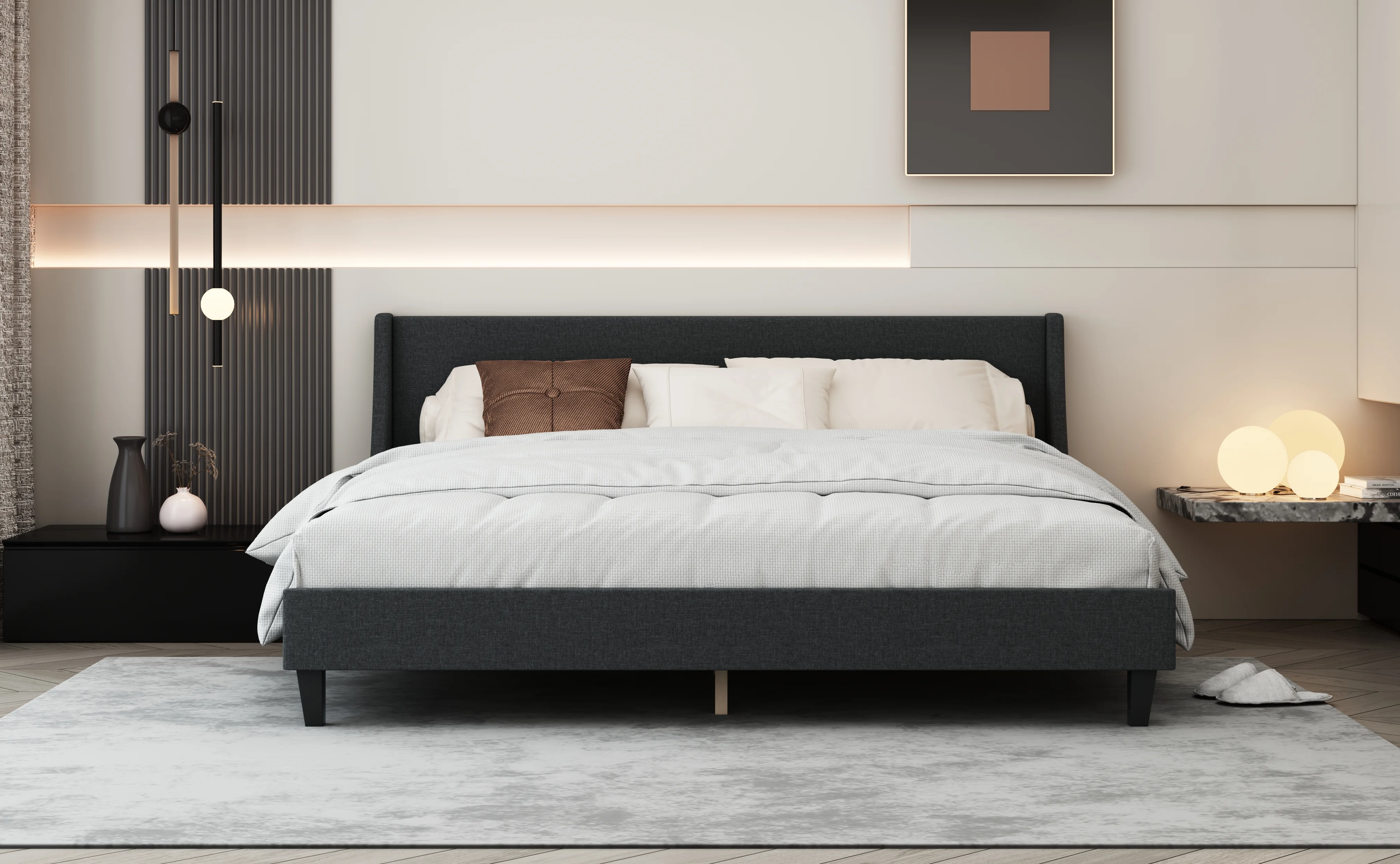 CoSoTower King Size Bed Frame Upholstered Bed Frame Platform with Adjustable Headboard Linen Fabric Headboard Wooden Slats Support/No Box Spring Needed/Easy Assembly/Mattress Foundation, Drak Gray