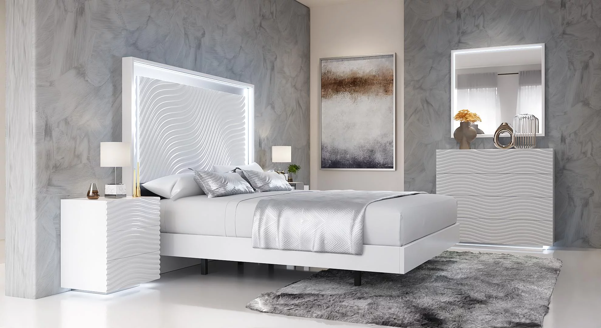 Glam Shiny White Queen Bedroom Set 6 WAVE ESF Contemporary Modern MADE IN SPAIN
