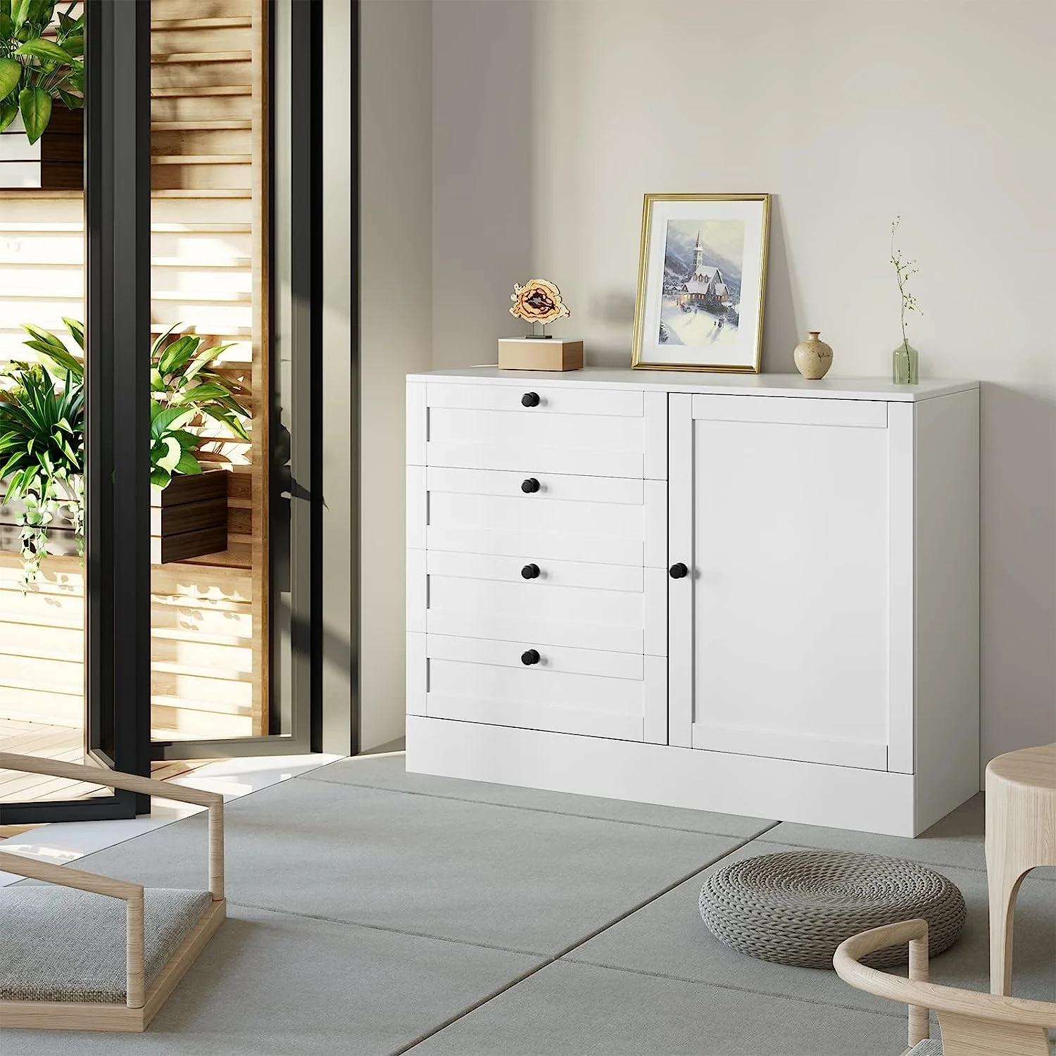 Popular 4 Drawer Dresser with Door Wide Chest of Drawers Closet Organizers Modern Storage Cabinet for Bedroom Living Room Kitchen White 43.3" L x 15.7" D x 31.9" H