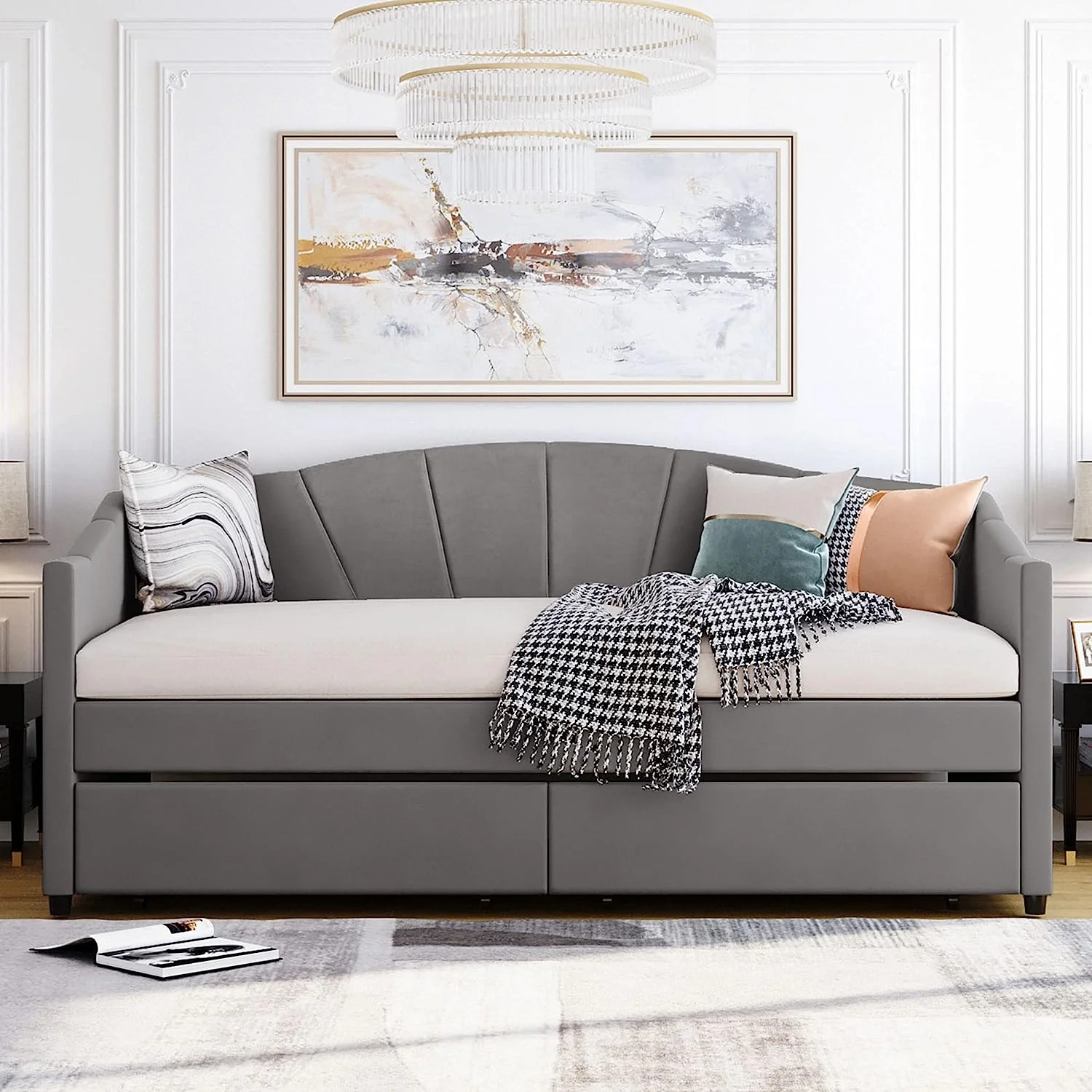 Upholstered Daybed With Storage Drawers,Wooden Daybed With 2 Drawers Underneath, Tufted Sofa Bed Daybed With Wood Slat Support For Bedroom,Living Room (,Gray)